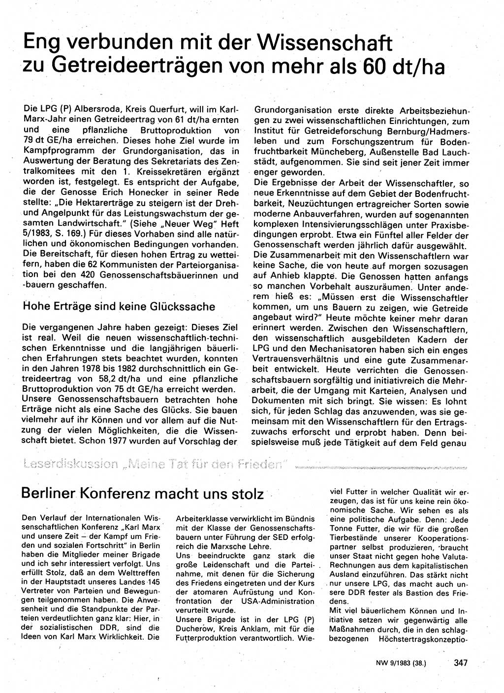 Neuer Weg (NW), Organ des Zentralkomitees (ZK) der SED (Sozialistische Einheitspartei Deutschlands) für Fragen des Parteilebens, 38. Jahrgang [Deutsche Demokratische Republik (DDR)] 1983, Seite 347 (NW ZK SED DDR 1983, S. 347)