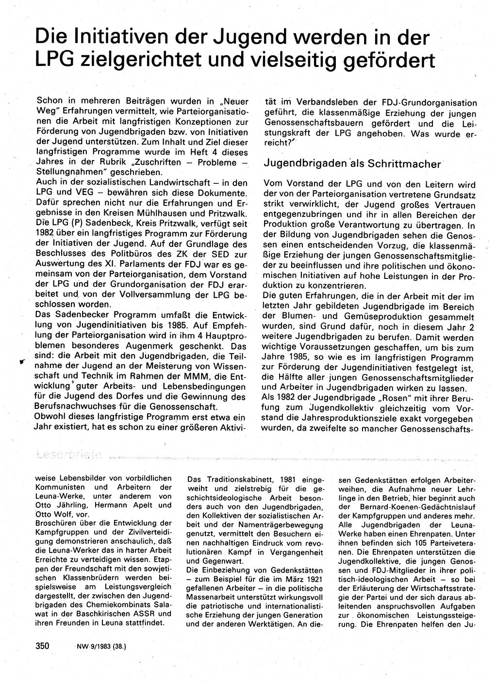Neuer Weg (NW), Organ des Zentralkomitees (ZK) der SED (Sozialistische Einheitspartei Deutschlands) für Fragen des Parteilebens, 38. Jahrgang [Deutsche Demokratische Republik (DDR)] 1983, Seite 350 (NW ZK SED DDR 1983, S. 350)