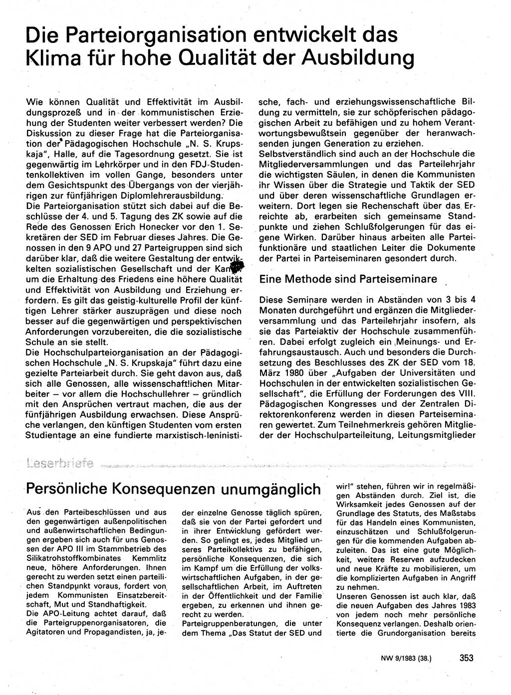 Neuer Weg (NW), Organ des Zentralkomitees (ZK) der SED (Sozialistische Einheitspartei Deutschlands) für Fragen des Parteilebens, 38. Jahrgang [Deutsche Demokratische Republik (DDR)] 1983, Seite 353 (NW ZK SED DDR 1983, S. 353)