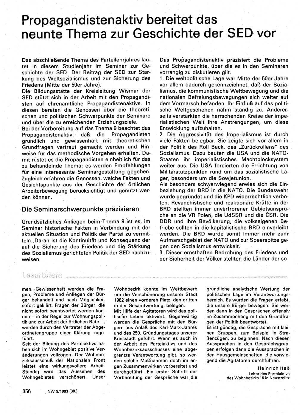 Neuer Weg (NW), Organ des Zentralkomitees (ZK) der SED (Sozialistische Einheitspartei Deutschlands) für Fragen des Parteilebens, 38. Jahrgang [Deutsche Demokratische Republik (DDR)] 1983, Seite 356 (NW ZK SED DDR 1983, S. 356)