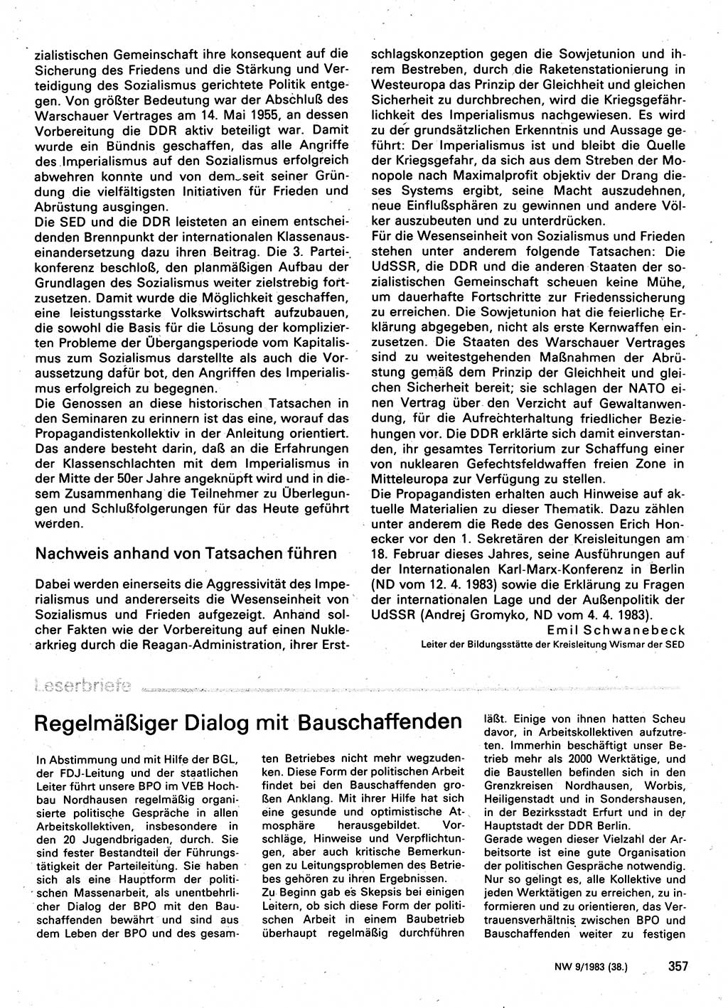 Neuer Weg (NW), Organ des Zentralkomitees (ZK) der SED (Sozialistische Einheitspartei Deutschlands) für Fragen des Parteilebens, 38. Jahrgang [Deutsche Demokratische Republik (DDR)] 1983, Seite 357 (NW ZK SED DDR 1983, S. 357)