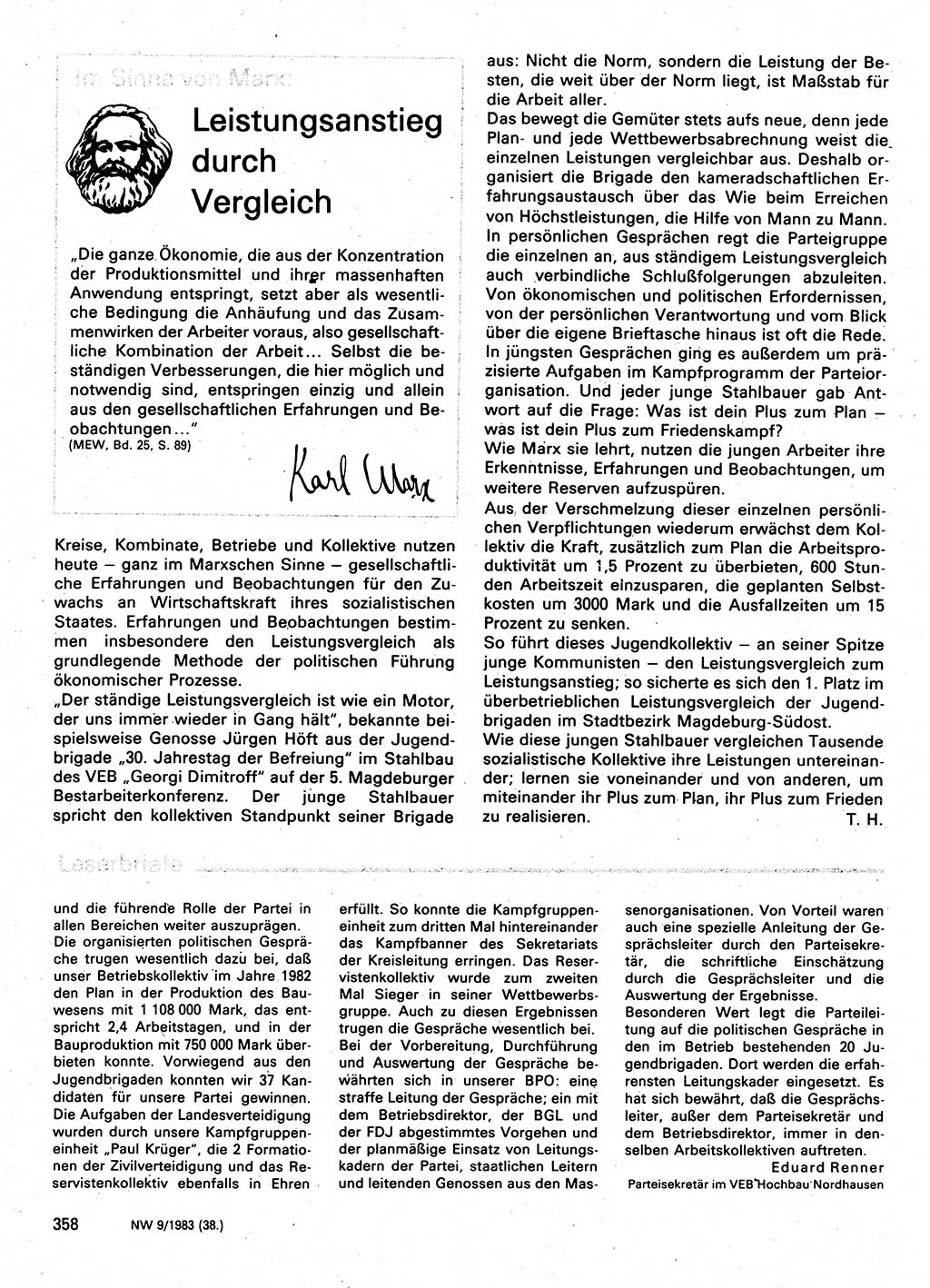 Neuer Weg (NW), Organ des Zentralkomitees (ZK) der SED (Sozialistische Einheitspartei Deutschlands) für Fragen des Parteilebens, 38. Jahrgang [Deutsche Demokratische Republik (DDR)] 1983, Seite 358 (NW ZK SED DDR 1983, S. 358)