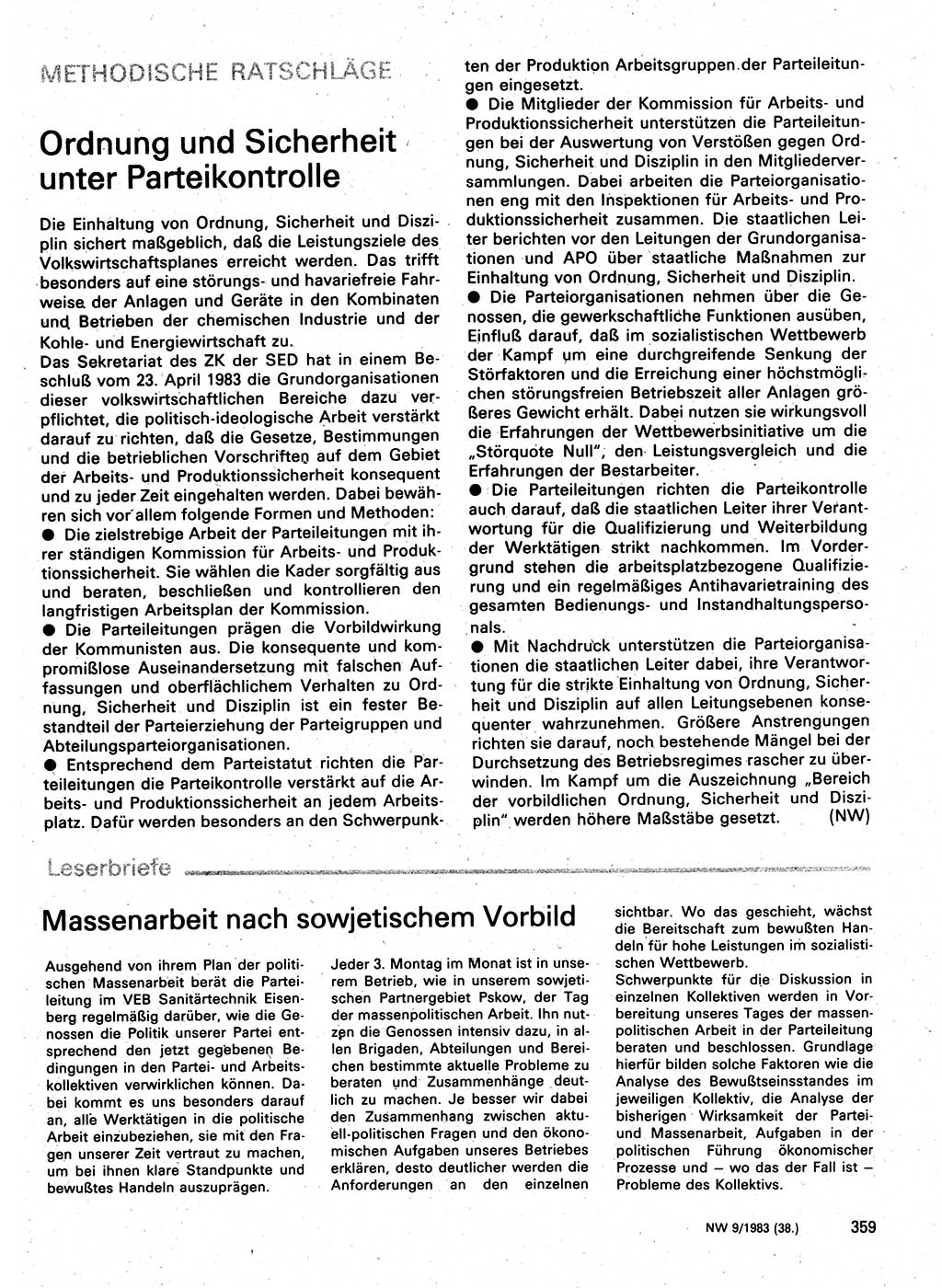 Neuer Weg (NW), Organ des Zentralkomitees (ZK) der SED (Sozialistische Einheitspartei Deutschlands) für Fragen des Parteilebens, 38. Jahrgang [Deutsche Demokratische Republik (DDR)] 1983, Seite 359 (NW ZK SED DDR 1983, S. 359)