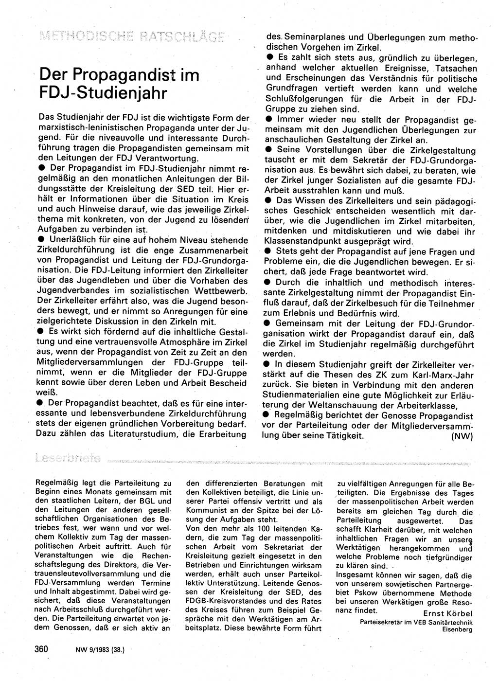 Neuer Weg (NW), Organ des Zentralkomitees (ZK) der SED (Sozialistische Einheitspartei Deutschlands) für Fragen des Parteilebens, 38. Jahrgang [Deutsche Demokratische Republik (DDR)] 1983, Seite 360 (NW ZK SED DDR 1983, S. 360)