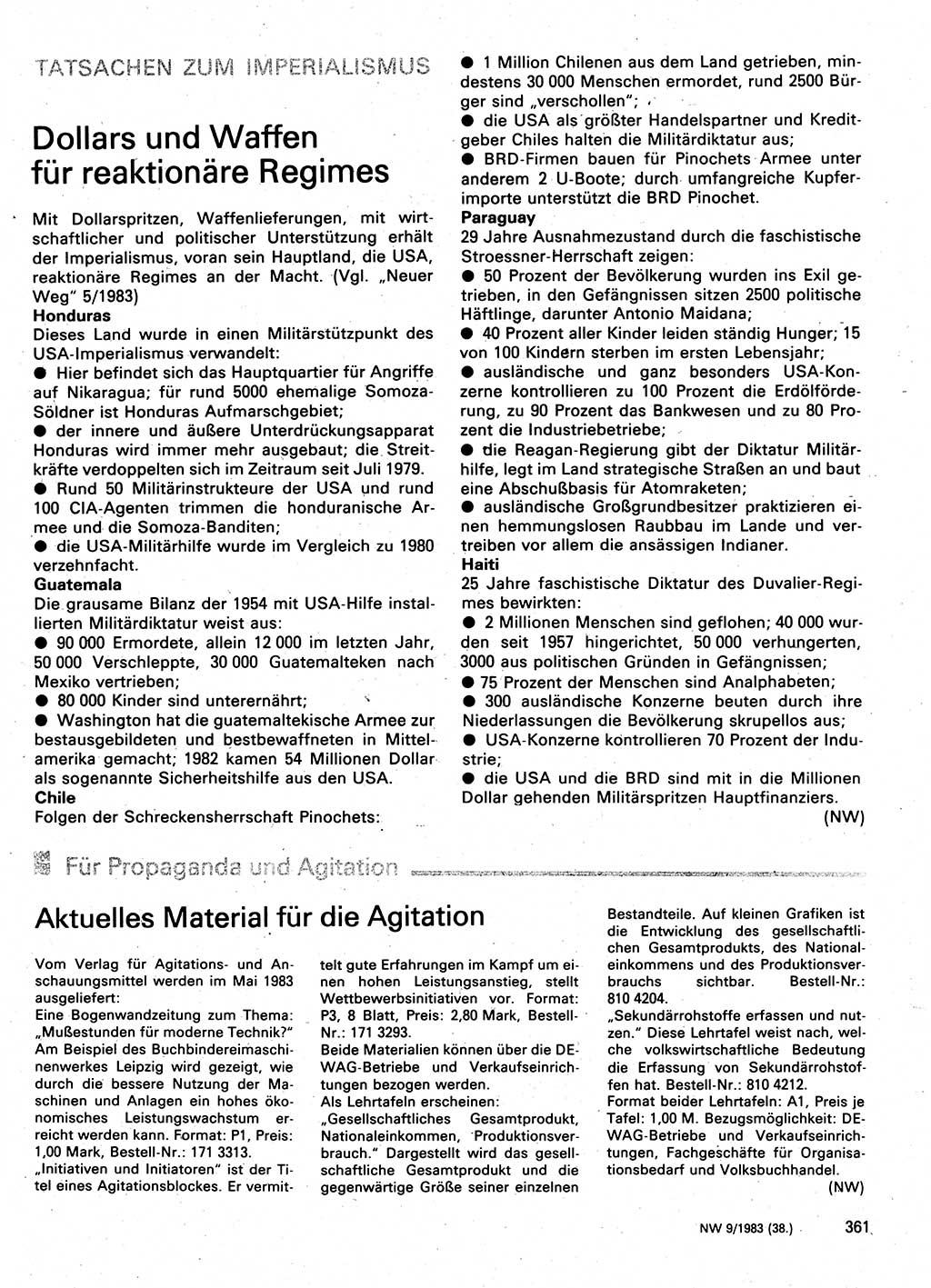 Neuer Weg (NW), Organ des Zentralkomitees (ZK) der SED (Sozialistische Einheitspartei Deutschlands) für Fragen des Parteilebens, 38. Jahrgang [Deutsche Demokratische Republik (DDR)] 1983, Seite 361 (NW ZK SED DDR 1983, S. 361)