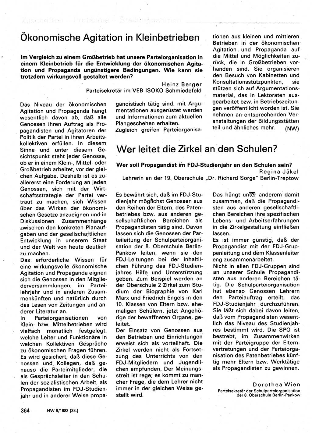 Neuer Weg (NW), Organ des Zentralkomitees (ZK) der SED (Sozialistische Einheitspartei Deutschlands) für Fragen des Parteilebens, 38. Jahrgang [Deutsche Demokratische Republik (DDR)] 1983, Seite 364 (NW ZK SED DDR 1983, S. 364)