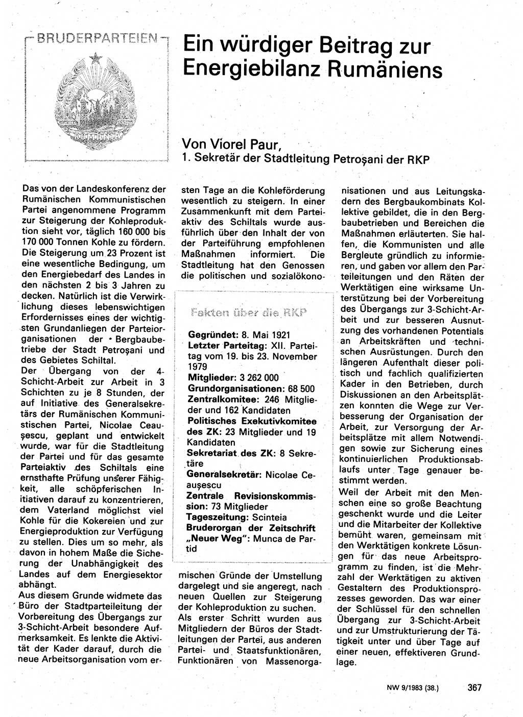 Neuer Weg (NW), Organ des Zentralkomitees (ZK) der SED (Sozialistische Einheitspartei Deutschlands) für Fragen des Parteilebens, 38. Jahrgang [Deutsche Demokratische Republik (DDR)] 1983, Seite 367 (NW ZK SED DDR 1983, S. 367)