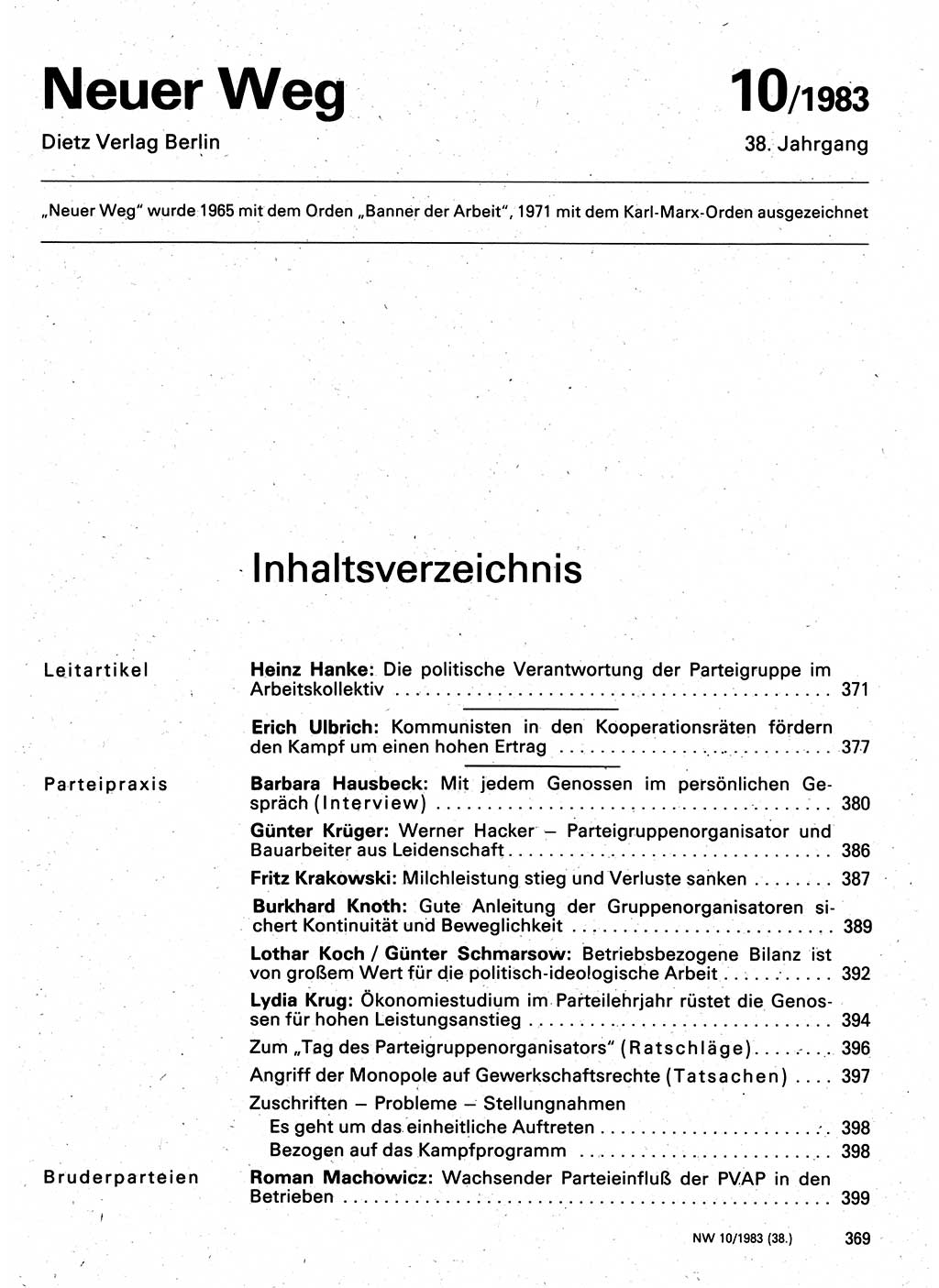Neuer Weg (NW), Organ des Zentralkomitees (ZK) der SED (Sozialistische Einheitspartei Deutschlands) für Fragen des Parteilebens, 38. Jahrgang [Deutsche Demokratische Republik (DDR)] 1983, Seite 369 (NW ZK SED DDR 1983, S. 369)