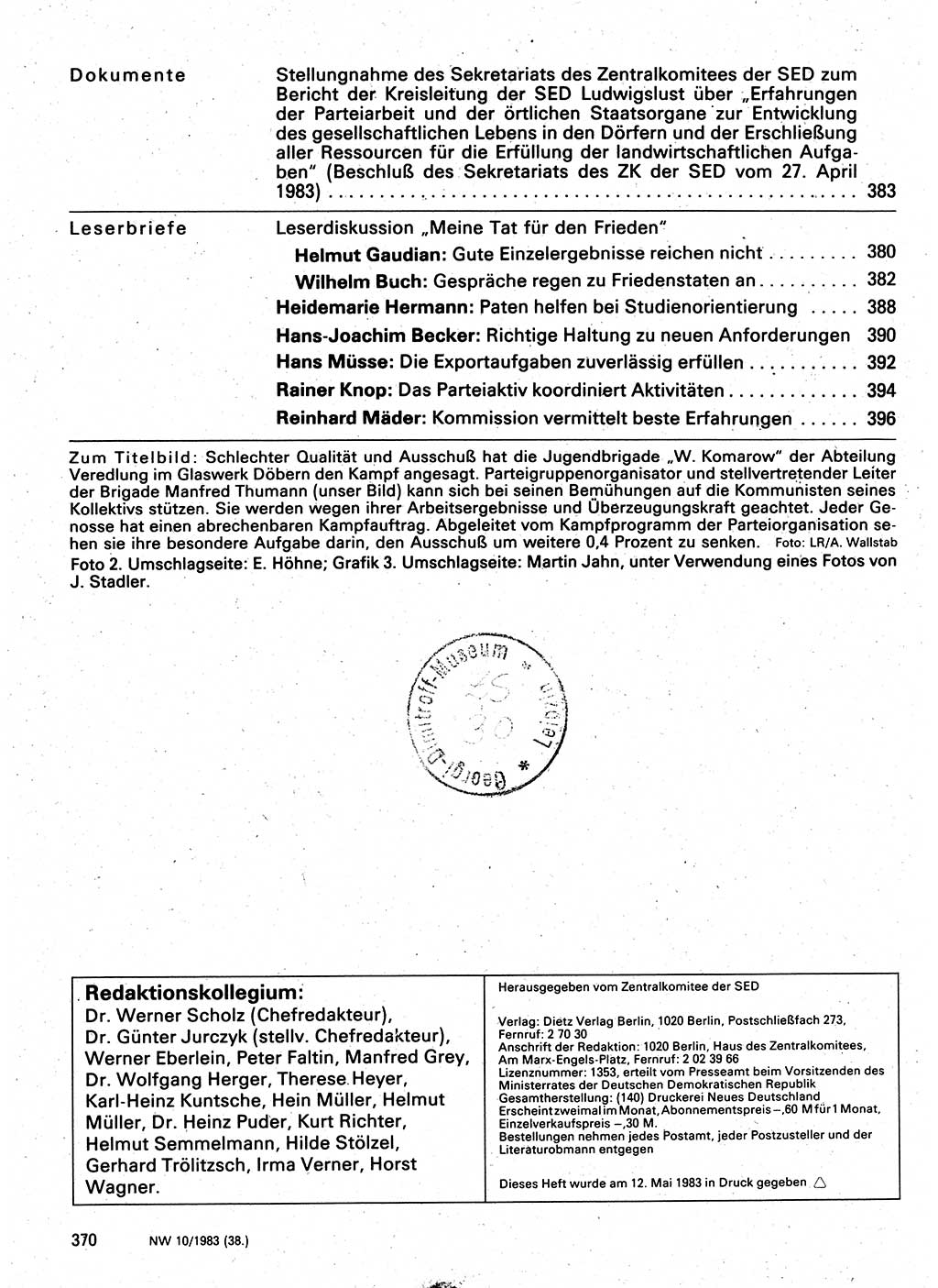 Neuer Weg (NW), Organ des Zentralkomitees (ZK) der SED (Sozialistische Einheitspartei Deutschlands) für Fragen des Parteilebens, 38. Jahrgang [Deutsche Demokratische Republik (DDR)] 1983, Seite 370 (NW ZK SED DDR 1983, S. 370)