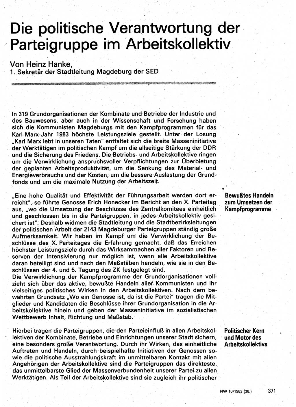 Neuer Weg (NW), Organ des Zentralkomitees (ZK) der SED (Sozialistische Einheitspartei Deutschlands) für Fragen des Parteilebens, 38. Jahrgang [Deutsche Demokratische Republik (DDR)] 1983, Seite 371 (NW ZK SED DDR 1983, S. 371)