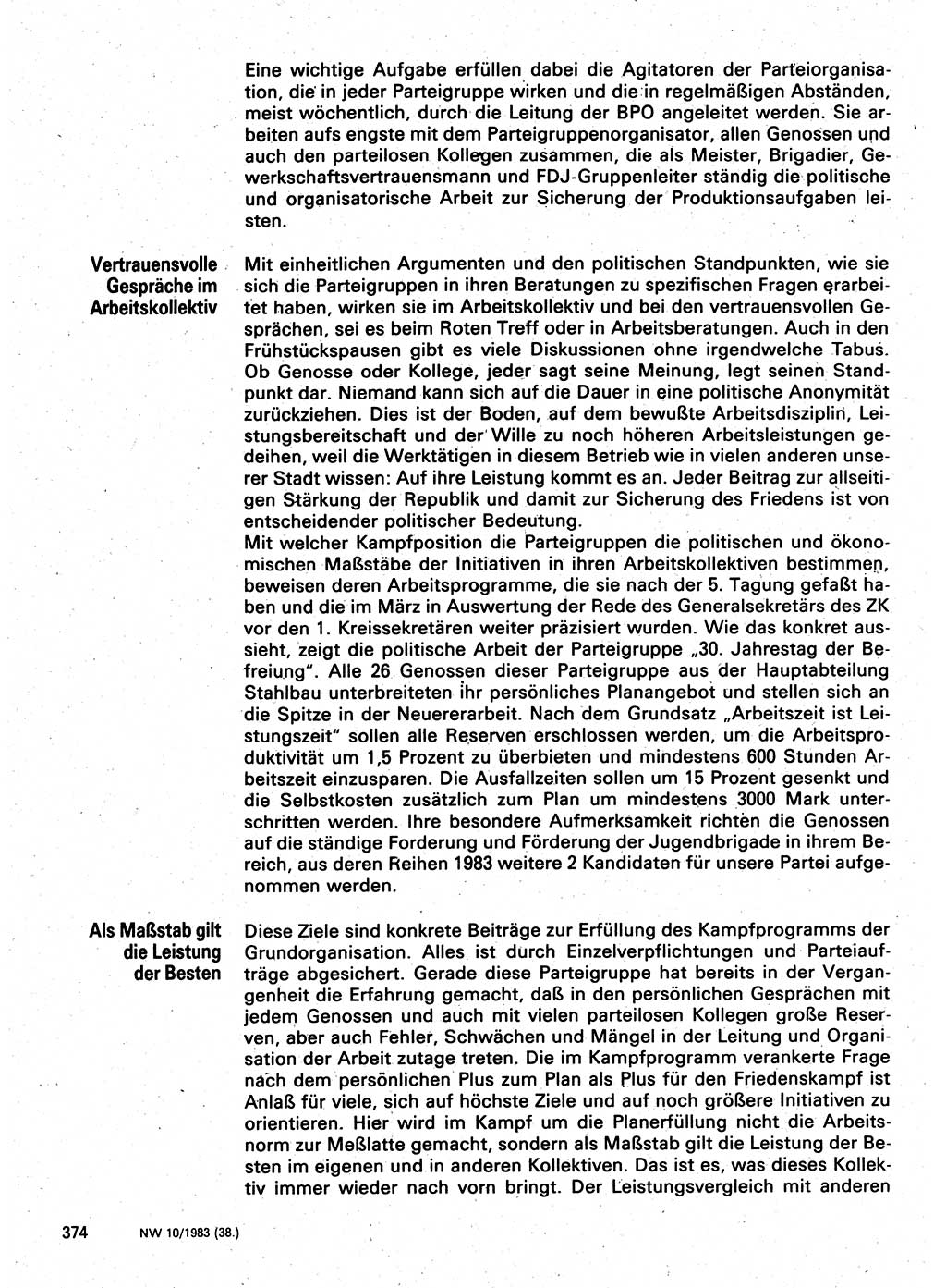 Neuer Weg (NW), Organ des Zentralkomitees (ZK) der SED (Sozialistische Einheitspartei Deutschlands) für Fragen des Parteilebens, 38. Jahrgang [Deutsche Demokratische Republik (DDR)] 1983, Seite 374 (NW ZK SED DDR 1983, S. 374)