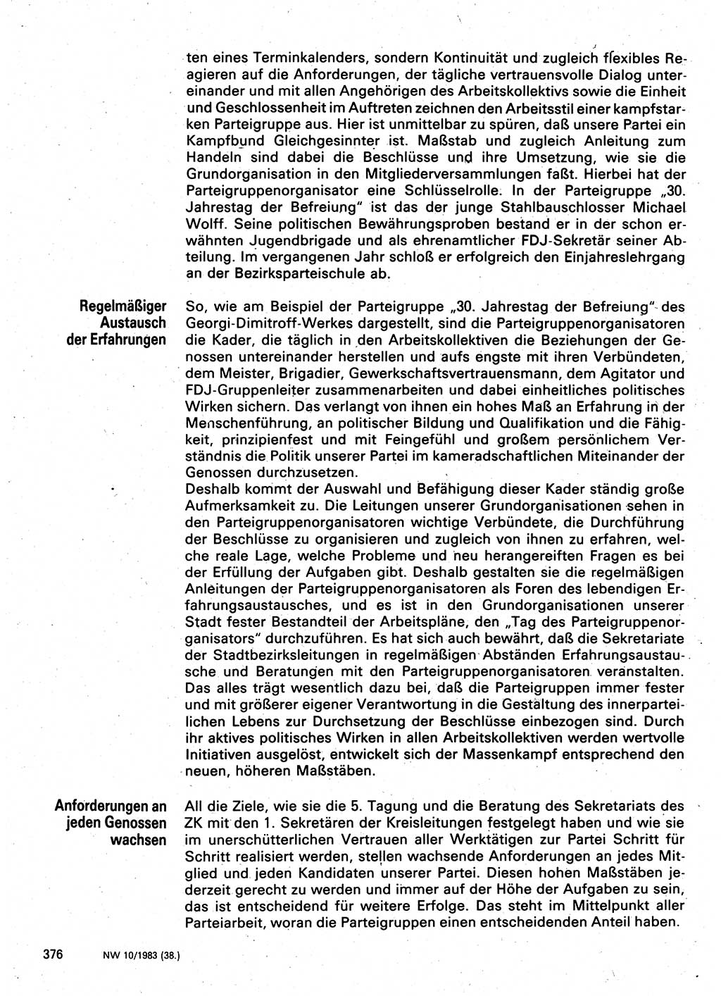 Neuer Weg (NW), Organ des Zentralkomitees (ZK) der SED (Sozialistische Einheitspartei Deutschlands) für Fragen des Parteilebens, 38. Jahrgang [Deutsche Demokratische Republik (DDR)] 1983, Seite 376 (NW ZK SED DDR 1983, S. 376)