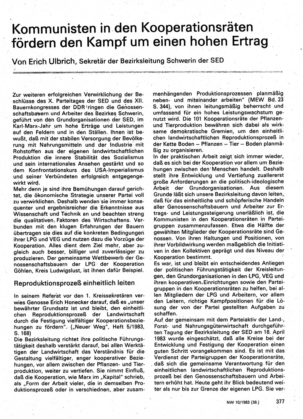 Neuer Weg (NW), Organ des Zentralkomitees (ZK) der SED (Sozialistische Einheitspartei Deutschlands) für Fragen des Parteilebens, 38. Jahrgang [Deutsche Demokratische Republik (DDR)] 1983, Seite 377 (NW ZK SED DDR 1983, S. 377)