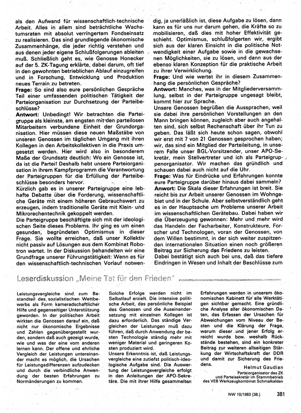 Neuer Weg (NW), Organ des Zentralkomitees (ZK) der SED (Sozialistische Einheitspartei Deutschlands) für Fragen des Parteilebens, 38. Jahrgang [Deutsche Demokratische Republik (DDR)] 1983, Seite 381 (NW ZK SED DDR 1983, S. 381)