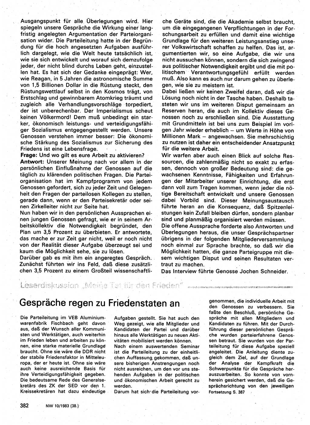 Neuer Weg (NW), Organ des Zentralkomitees (ZK) der SED (Sozialistische Einheitspartei Deutschlands) für Fragen des Parteilebens, 38. Jahrgang [Deutsche Demokratische Republik (DDR)] 1983, Seite 382 (NW ZK SED DDR 1983, S. 382)