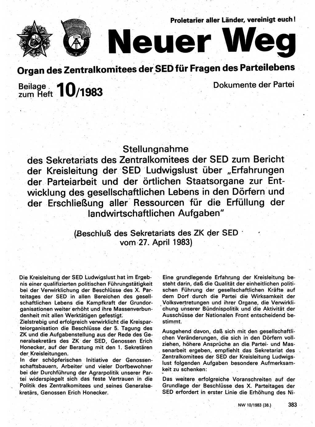 Neuer Weg (NW), Organ des Zentralkomitees (ZK) der SED (Sozialistische Einheitspartei Deutschlands) für Fragen des Parteilebens, 38. Jahrgang [Deutsche Demokratische Republik (DDR)] 1983, Seite 383 (NW ZK SED DDR 1983, S. 383)