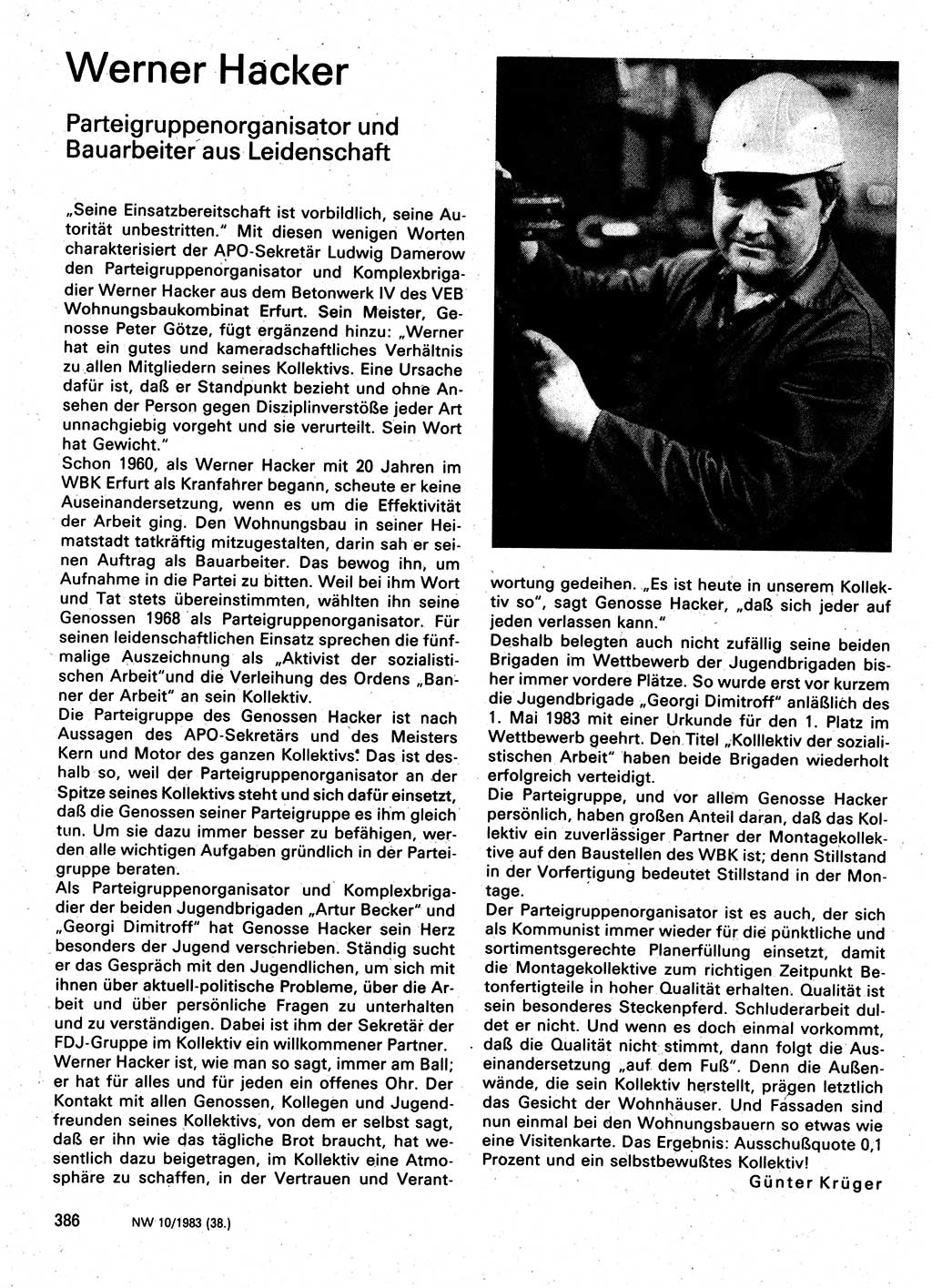 Neuer Weg (NW), Organ des Zentralkomitees (ZK) der SED (Sozialistische Einheitspartei Deutschlands) für Fragen des Parteilebens, 38. Jahrgang [Deutsche Demokratische Republik (DDR)] 1983, Seite 386 (NW ZK SED DDR 1983, S. 386)