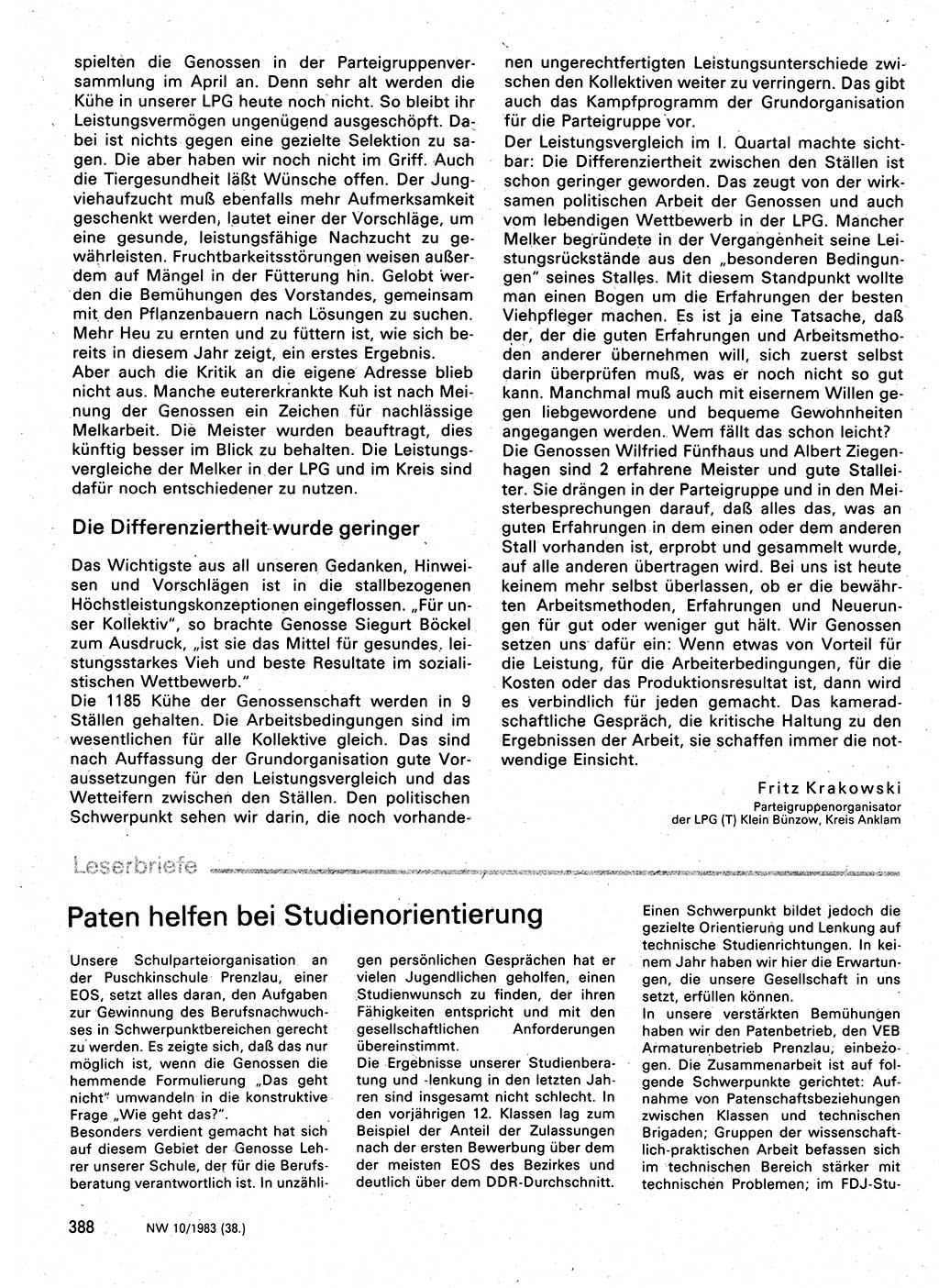 Neuer Weg (NW), Organ des Zentralkomitees (ZK) der SED (Sozialistische Einheitspartei Deutschlands) für Fragen des Parteilebens, 38. Jahrgang [Deutsche Demokratische Republik (DDR)] 1983, Seite 388 (NW ZK SED DDR 1983, S. 388)