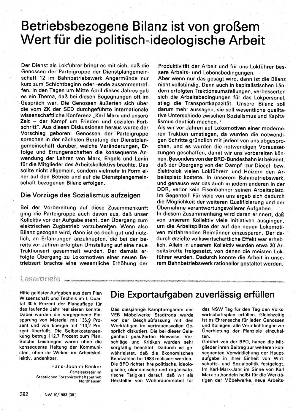 Neuer Weg (NW), Organ des Zentralkomitees (ZK) der SED (Sozialistische Einheitspartei Deutschlands) für Fragen des Parteilebens, 38. Jahrgang [Deutsche Demokratische Republik (DDR)] 1983, Seite 392 (NW ZK SED DDR 1983, S. 392)