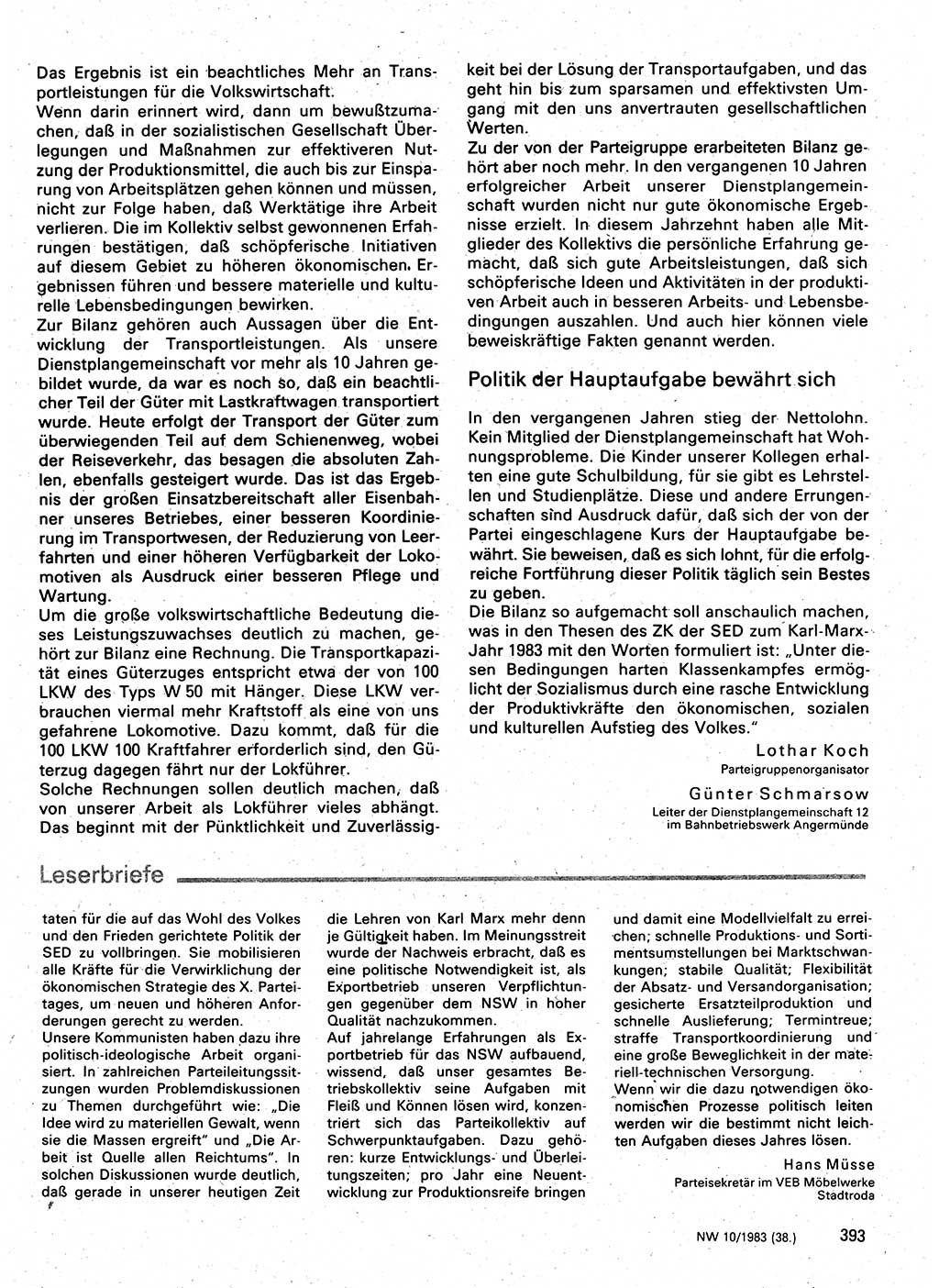 Neuer Weg (NW), Organ des Zentralkomitees (ZK) der SED (Sozialistische Einheitspartei Deutschlands) für Fragen des Parteilebens, 38. Jahrgang [Deutsche Demokratische Republik (DDR)] 1983, Seite 393 (NW ZK SED DDR 1983, S. 393)