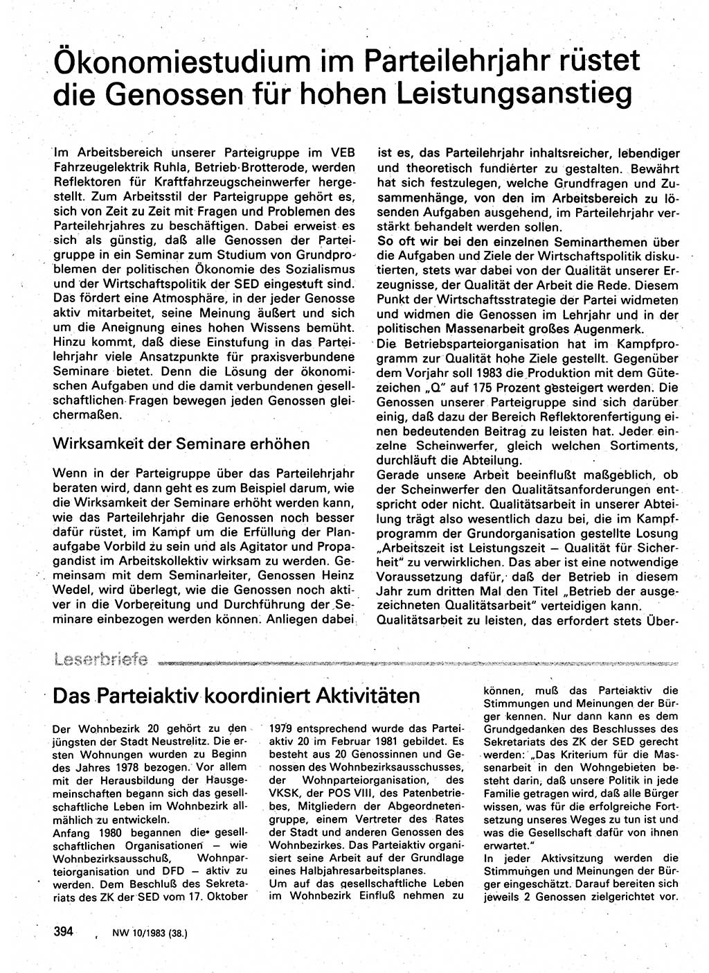 Neuer Weg (NW), Organ des Zentralkomitees (ZK) der SED (Sozialistische Einheitspartei Deutschlands) für Fragen des Parteilebens, 38. Jahrgang [Deutsche Demokratische Republik (DDR)] 1983, Seite 394 (NW ZK SED DDR 1983, S. 394)