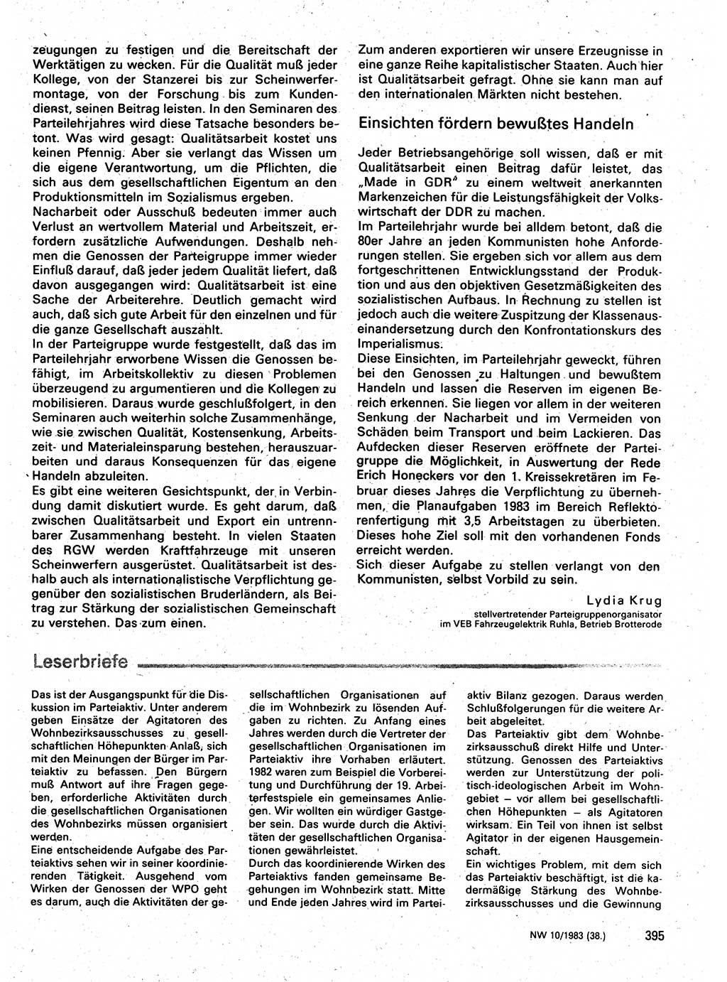 Neuer Weg (NW), Organ des Zentralkomitees (ZK) der SED (Sozialistische Einheitspartei Deutschlands) für Fragen des Parteilebens, 38. Jahrgang [Deutsche Demokratische Republik (DDR)] 1983, Seite 395 (NW ZK SED DDR 1983, S. 395)