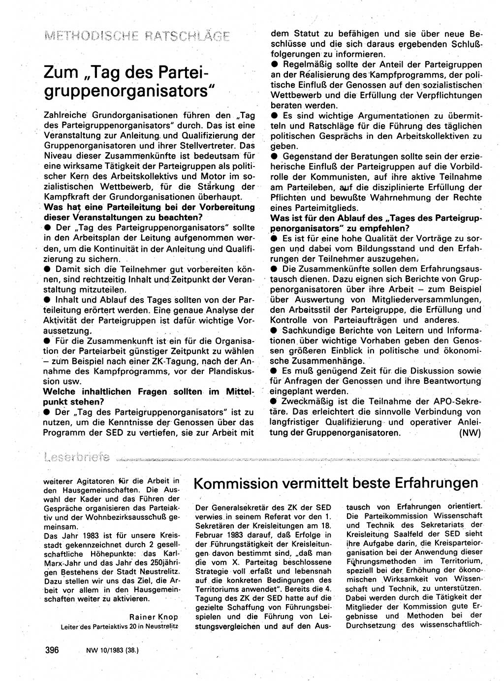 Neuer Weg (NW), Organ des Zentralkomitees (ZK) der SED (Sozialistische Einheitspartei Deutschlands) für Fragen des Parteilebens, 38. Jahrgang [Deutsche Demokratische Republik (DDR)] 1983, Seite 396 (NW ZK SED DDR 1983, S. 396)