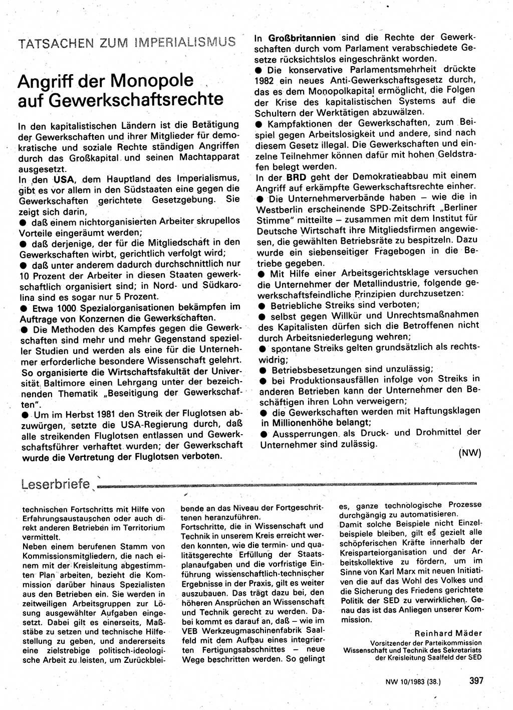 Neuer Weg (NW), Organ des Zentralkomitees (ZK) der SED (Sozialistische Einheitspartei Deutschlands) für Fragen des Parteilebens, 38. Jahrgang [Deutsche Demokratische Republik (DDR)] 1983, Seite 397 (NW ZK SED DDR 1983, S. 397)