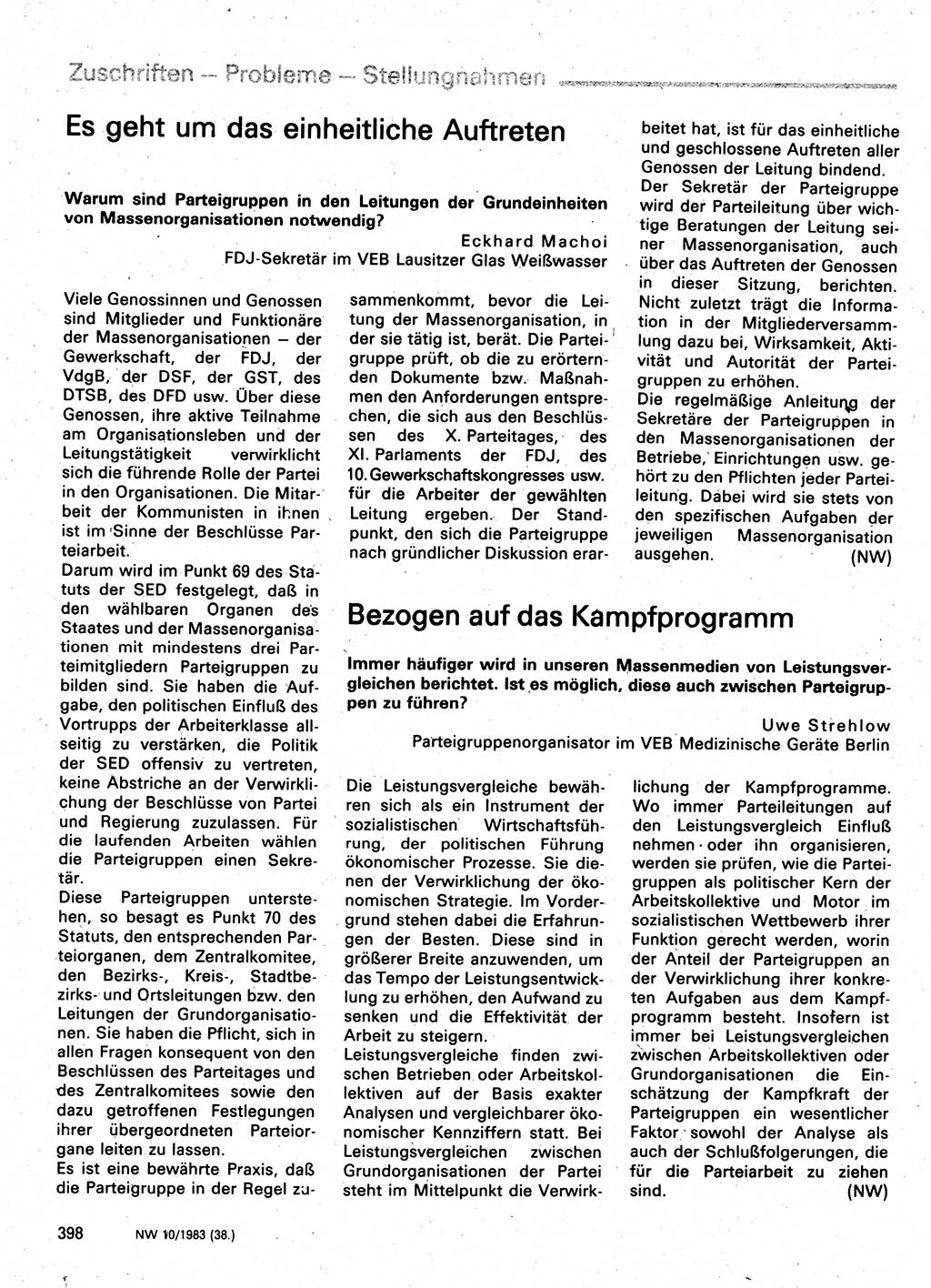 Neuer Weg (NW), Organ des Zentralkomitees (ZK) der SED (Sozialistische Einheitspartei Deutschlands) für Fragen des Parteilebens, 38. Jahrgang [Deutsche Demokratische Republik (DDR)] 1983, Seite 398 (NW ZK SED DDR 1983, S. 398)