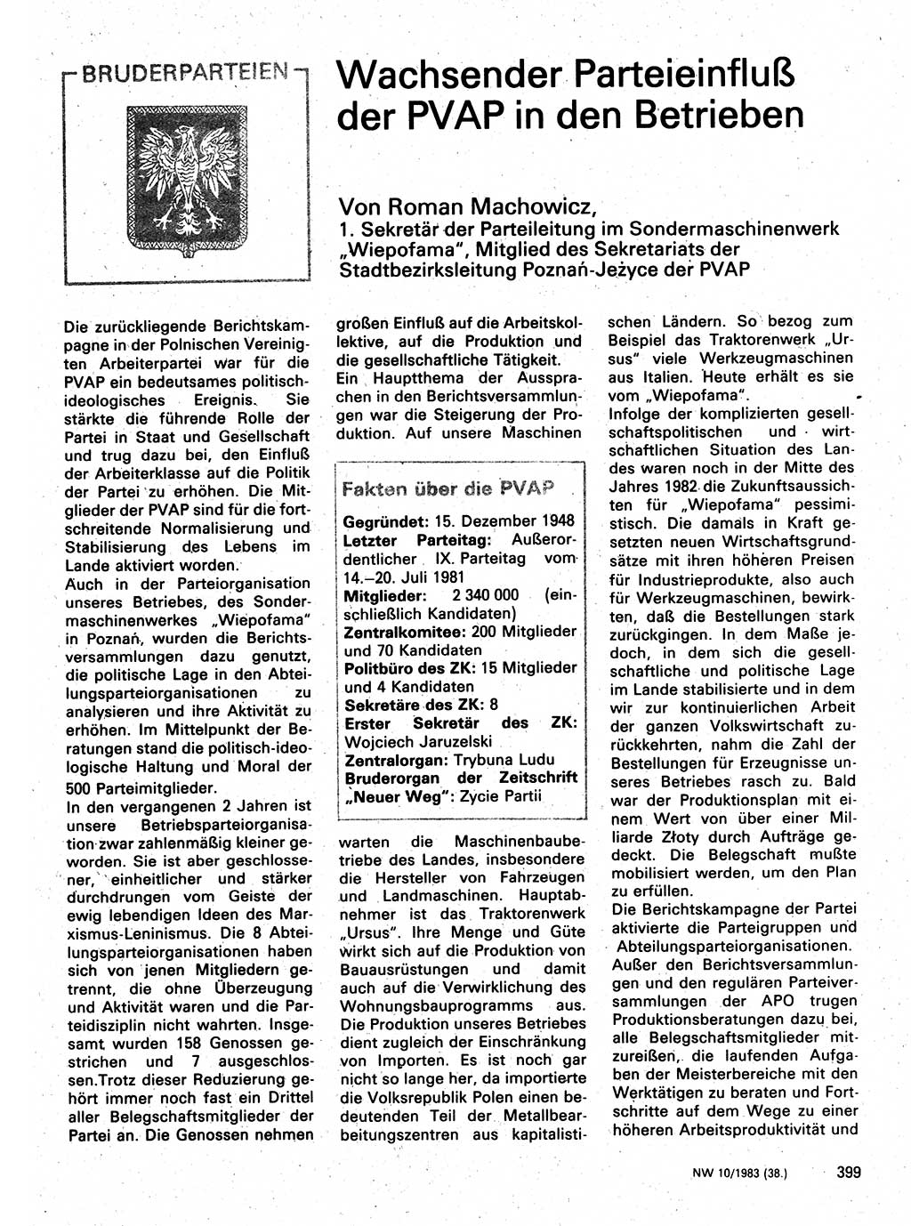 Neuer Weg (NW), Organ des Zentralkomitees (ZK) der SED (Sozialistische Einheitspartei Deutschlands) für Fragen des Parteilebens, 38. Jahrgang [Deutsche Demokratische Republik (DDR)] 1983, Seite 399 (NW ZK SED DDR 1983, S. 399)