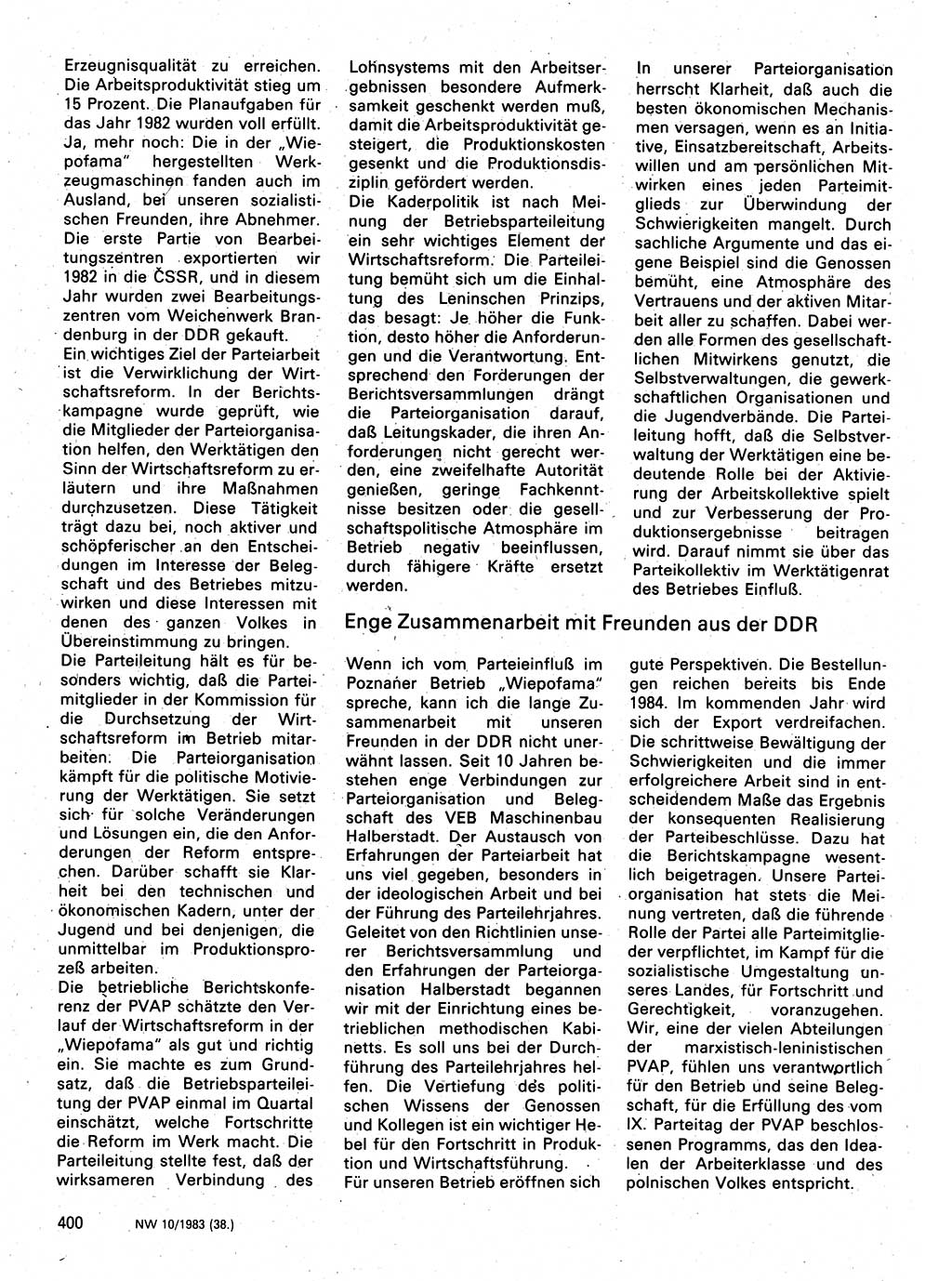 Neuer Weg (NW), Organ des Zentralkomitees (ZK) der SED (Sozialistische Einheitspartei Deutschlands) für Fragen des Parteilebens, 38. Jahrgang [Deutsche Demokratische Republik (DDR)] 1983, Seite 400 (NW ZK SED DDR 1983, S. 400)