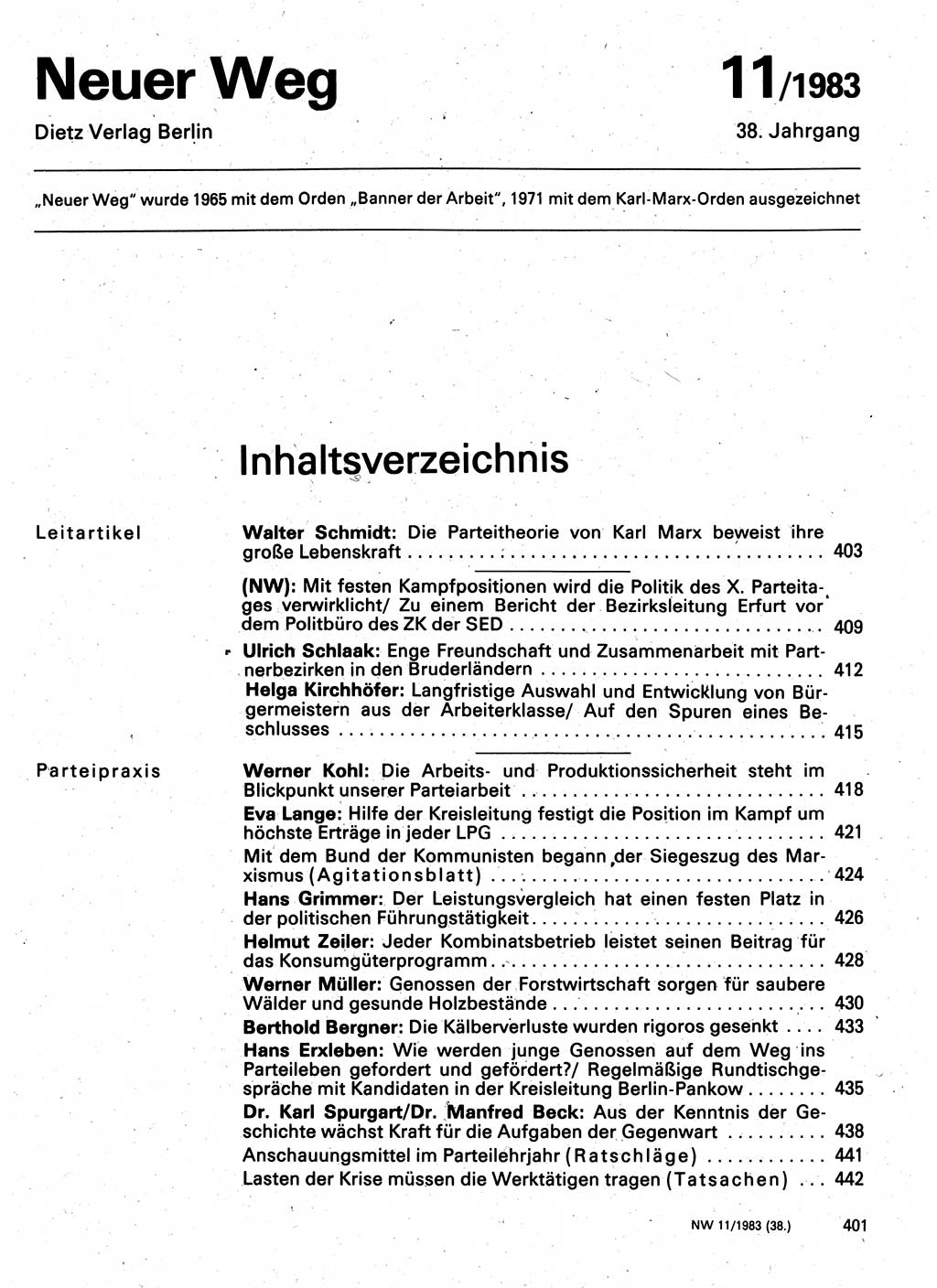 Neuer Weg (NW), Organ des Zentralkomitees (ZK) der SED (Sozialistische Einheitspartei Deutschlands) für Fragen des Parteilebens, 38. Jahrgang [Deutsche Demokratische Republik (DDR)] 1983, Seite 401 (NW ZK SED DDR 1983, S. 401)