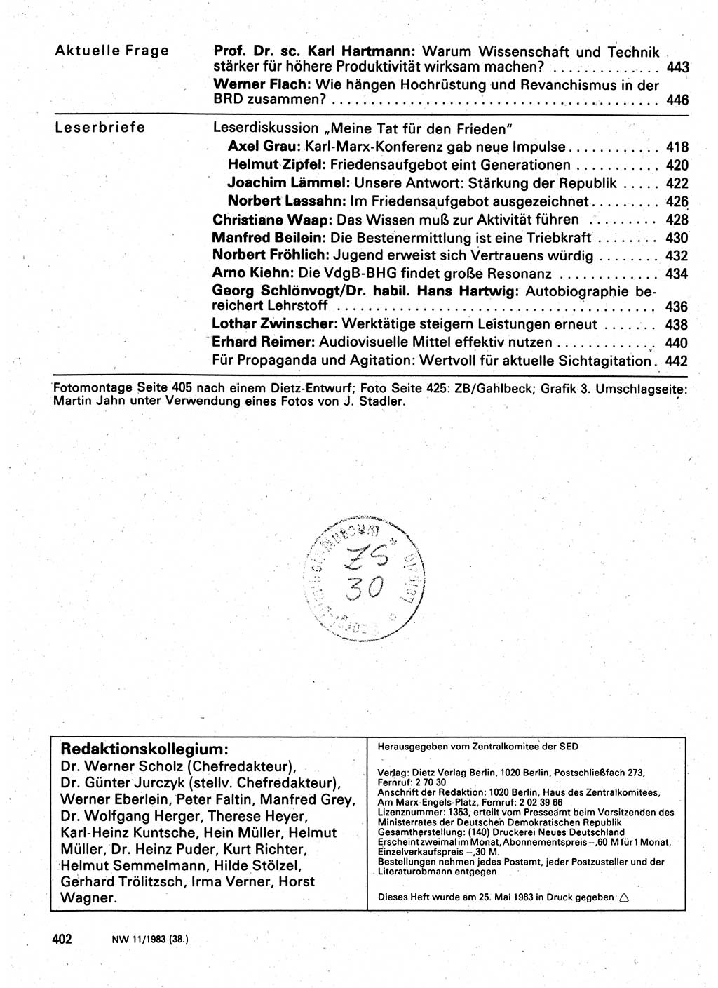 Neuer Weg (NW), Organ des Zentralkomitees (ZK) der SED (Sozialistische Einheitspartei Deutschlands) für Fragen des Parteilebens, 38. Jahrgang [Deutsche Demokratische Republik (DDR)] 1983, Seite 402 (NW ZK SED DDR 1983, S. 402)