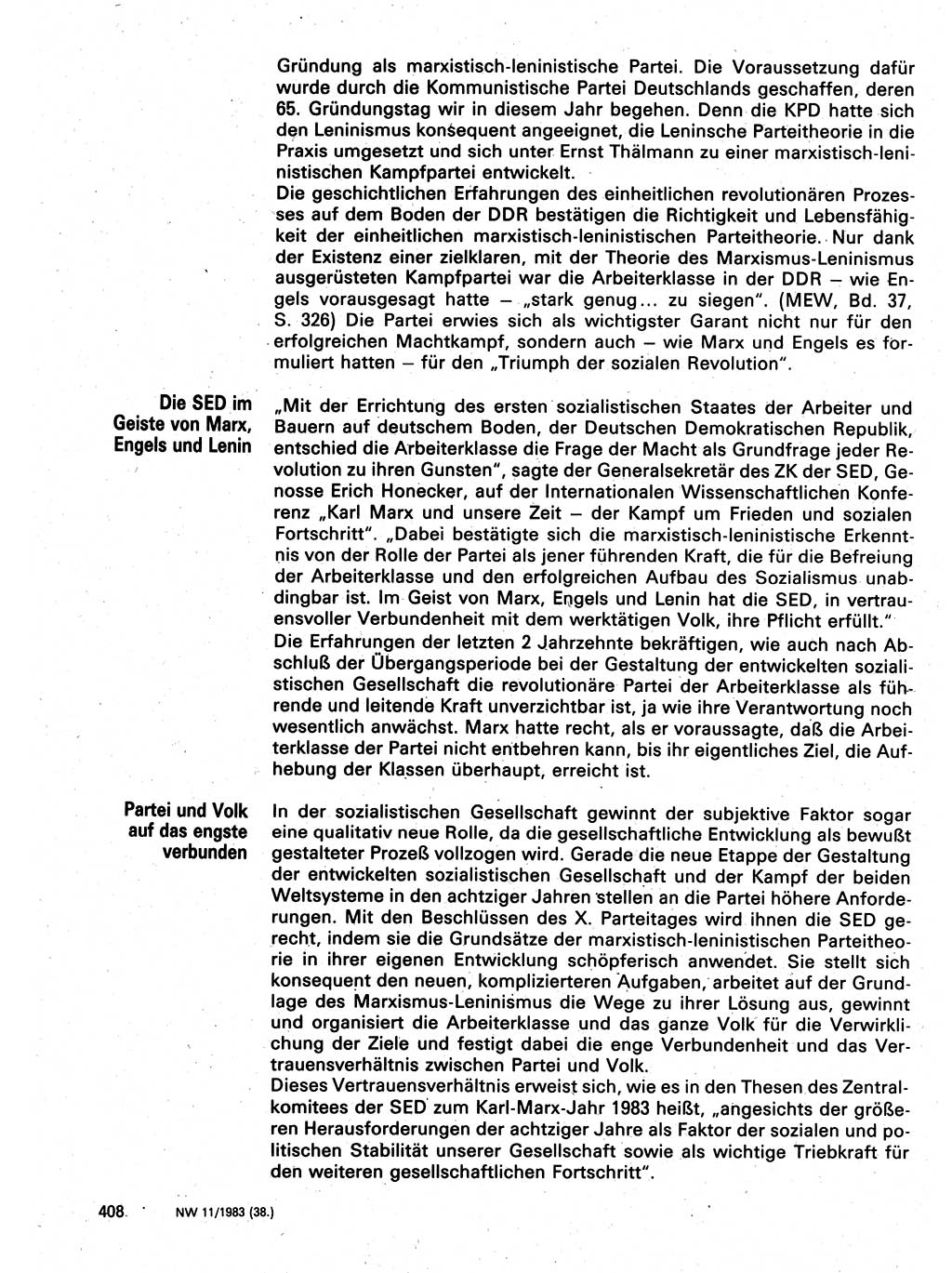 Neuer Weg (NW), Organ des Zentralkomitees (ZK) der SED (Sozialistische Einheitspartei Deutschlands) für Fragen des Parteilebens, 38. Jahrgang [Deutsche Demokratische Republik (DDR)] 1983, Seite 408 (NW ZK SED DDR 1983, S. 408)