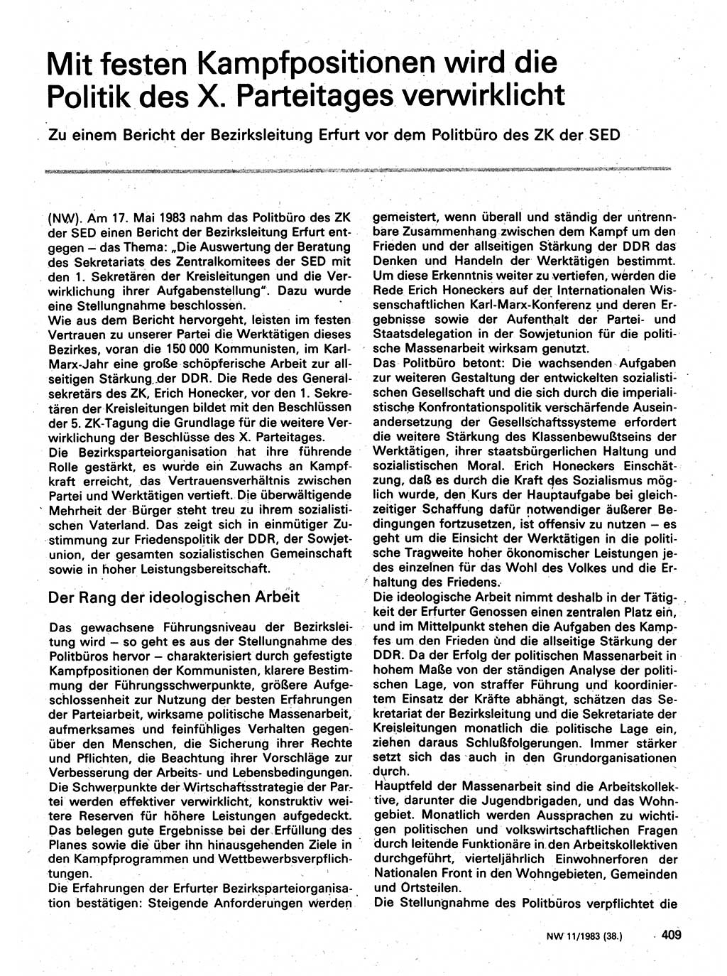 Neuer Weg (NW), Organ des Zentralkomitees (ZK) der SED (Sozialistische Einheitspartei Deutschlands) für Fragen des Parteilebens, 38. Jahrgang [Deutsche Demokratische Republik (DDR)] 1983, Seite 409 (NW ZK SED DDR 1983, S. 409)