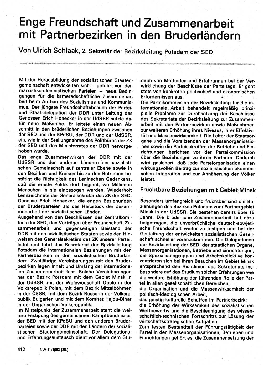 Neuer Weg (NW), Organ des Zentralkomitees (ZK) der SED (Sozialistische Einheitspartei Deutschlands) für Fragen des Parteilebens, 38. Jahrgang [Deutsche Demokratische Republik (DDR)] 1983, Seite 412 (NW ZK SED DDR 1983, S. 412)