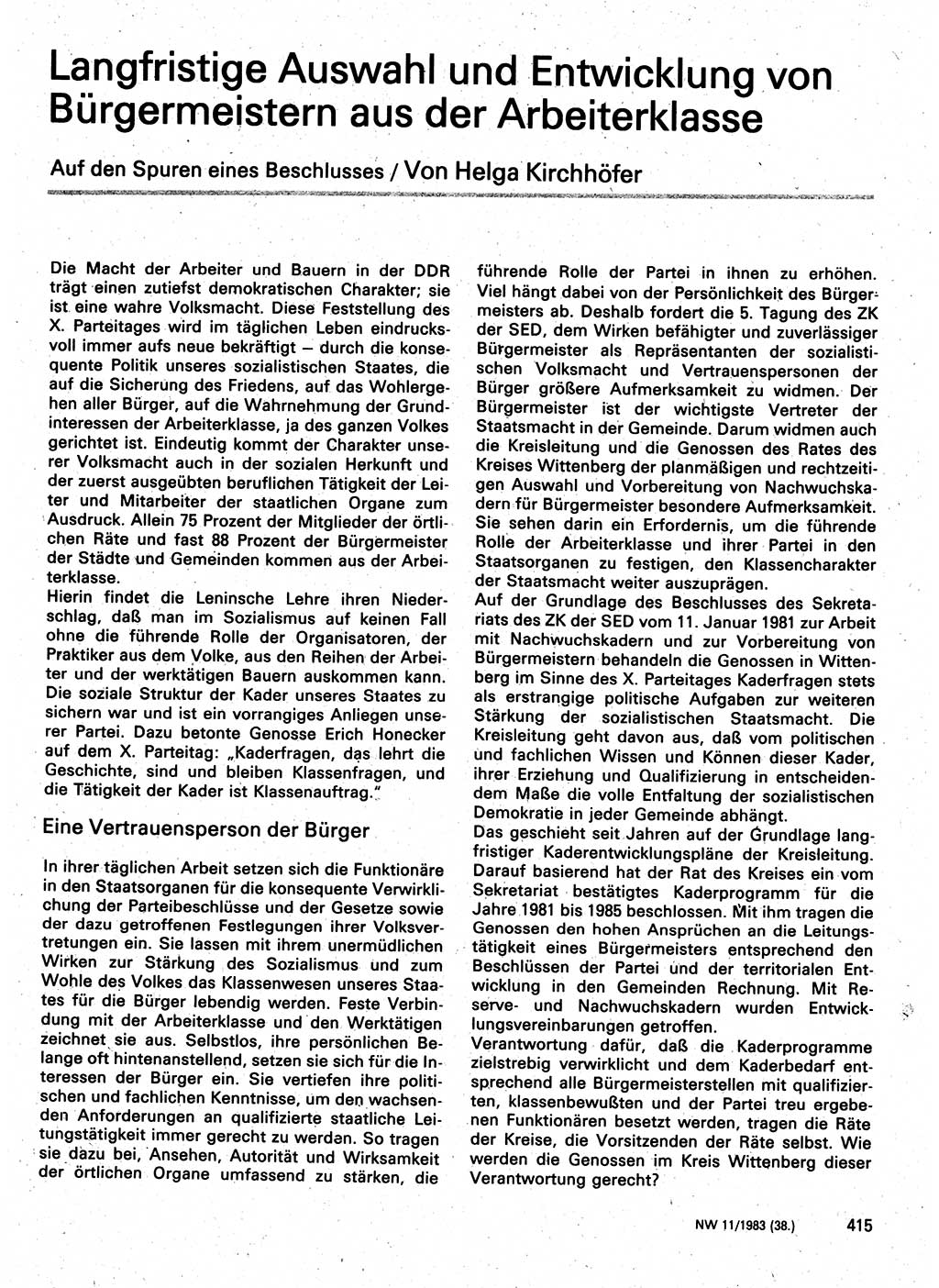 Neuer Weg (NW), Organ des Zentralkomitees (ZK) der SED (Sozialistische Einheitspartei Deutschlands) für Fragen des Parteilebens, 38. Jahrgang [Deutsche Demokratische Republik (DDR)] 1983, Seite 415 (NW ZK SED DDR 1983, S. 415)