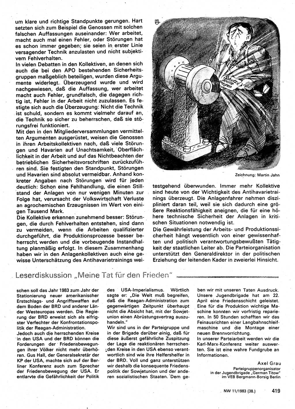 Neuer Weg (NW), Organ des Zentralkomitees (ZK) der SED (Sozialistische Einheitspartei Deutschlands) für Fragen des Parteilebens, 38. Jahrgang [Deutsche Demokratische Republik (DDR)] 1983, Seite 419 (NW ZK SED DDR 1983, S. 419)