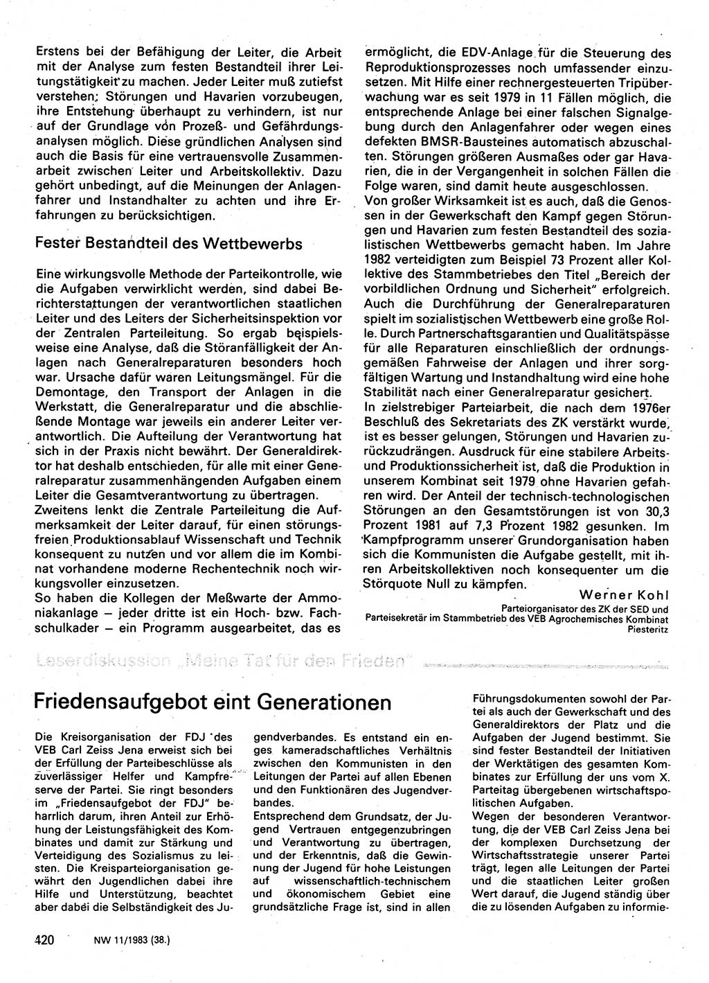 Neuer Weg (NW), Organ des Zentralkomitees (ZK) der SED (Sozialistische Einheitspartei Deutschlands) für Fragen des Parteilebens, 38. Jahrgang [Deutsche Demokratische Republik (DDR)] 1983, Seite 420 (NW ZK SED DDR 1983, S. 420)