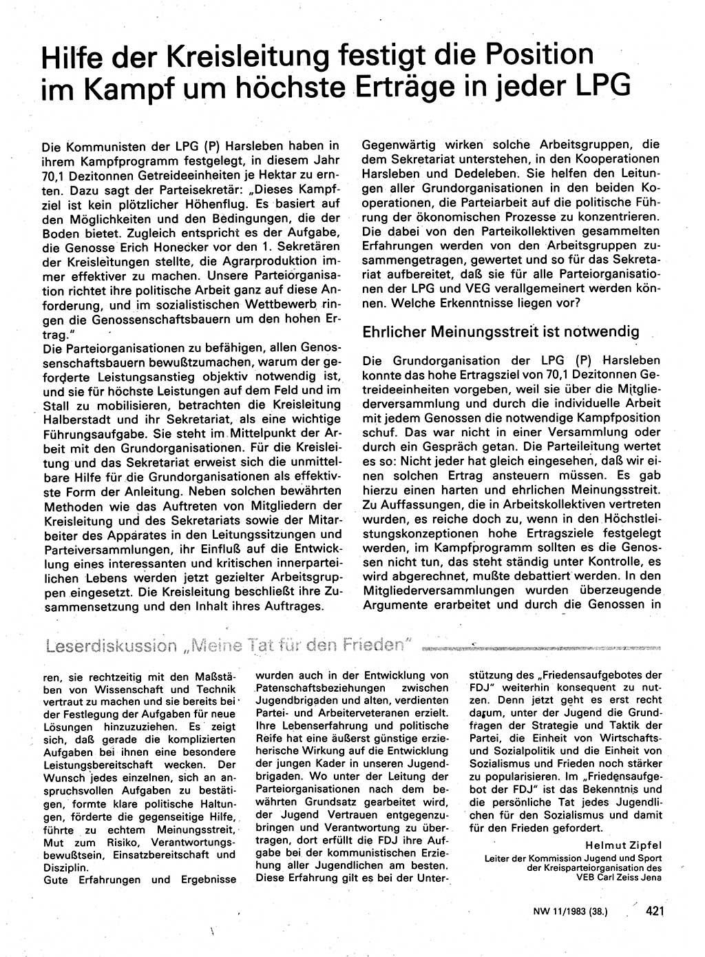 Neuer Weg (NW), Organ des Zentralkomitees (ZK) der SED (Sozialistische Einheitspartei Deutschlands) für Fragen des Parteilebens, 38. Jahrgang [Deutsche Demokratische Republik (DDR)] 1983, Seite 421 (NW ZK SED DDR 1983, S. 421)
