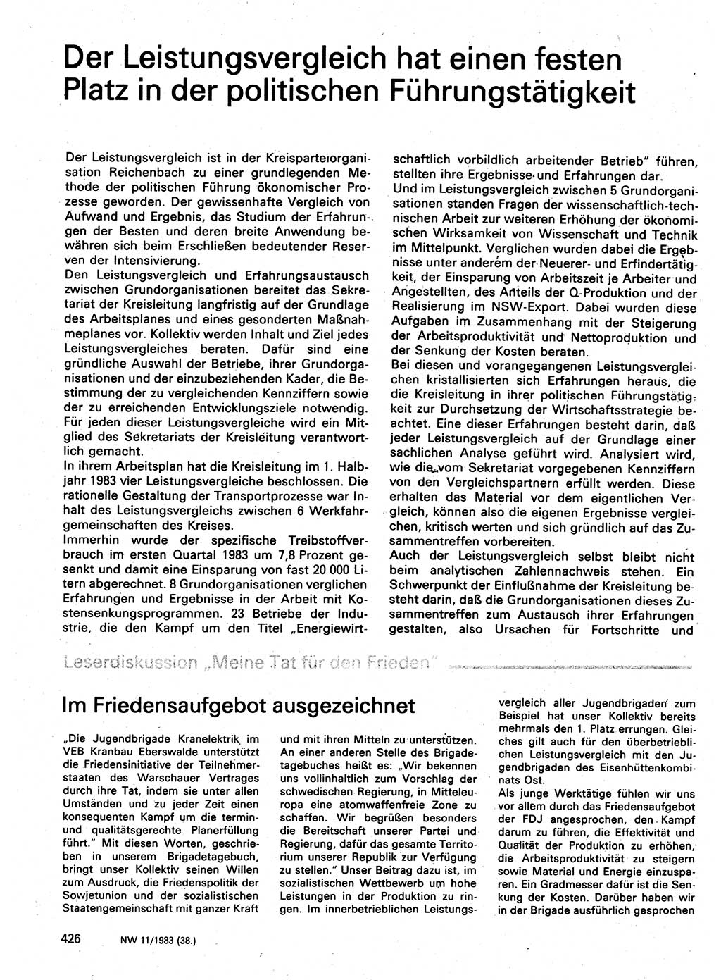 Neuer Weg (NW), Organ des Zentralkomitees (ZK) der SED (Sozialistische Einheitspartei Deutschlands) für Fragen des Parteilebens, 38. Jahrgang [Deutsche Demokratische Republik (DDR)] 1983, Seite 426 (NW ZK SED DDR 1983, S. 426)