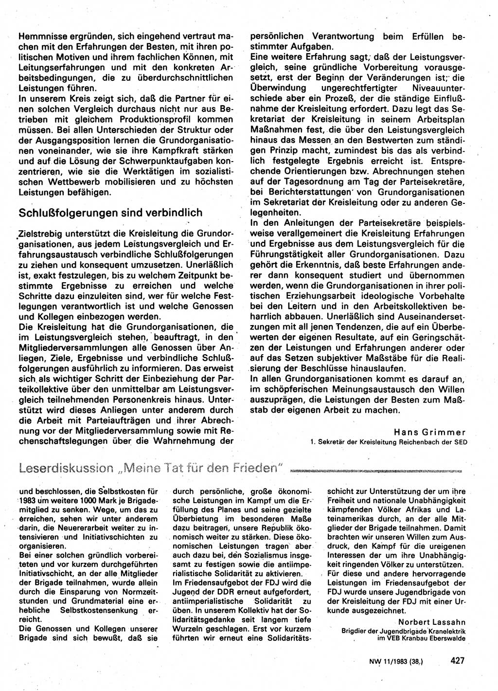 Neuer Weg (NW), Organ des Zentralkomitees (ZK) der SED (Sozialistische Einheitspartei Deutschlands) für Fragen des Parteilebens, 38. Jahrgang [Deutsche Demokratische Republik (DDR)] 1983, Seite 427 (NW ZK SED DDR 1983, S. 427)