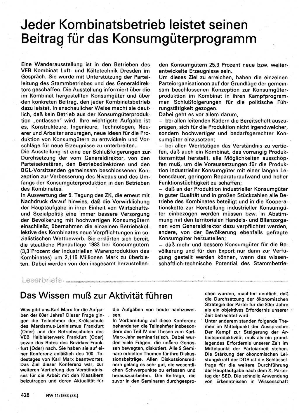 Neuer Weg (NW), Organ des Zentralkomitees (ZK) der SED (Sozialistische Einheitspartei Deutschlands) für Fragen des Parteilebens, 38. Jahrgang [Deutsche Demokratische Republik (DDR)] 1983, Seite 428 (NW ZK SED DDR 1983, S. 428)