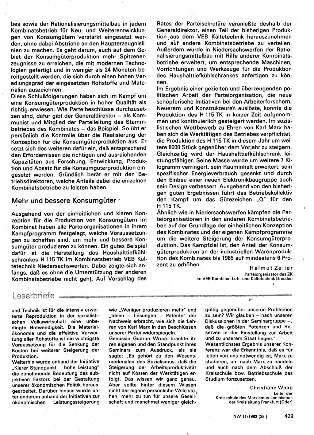 Neuer Weg (NW), Organ des Zentralkomitees (ZK) der SED (Sozialistische Einheitspartei Deutschlands) für Fragen des Parteilebens, 38. Jahrgang [Deutsche Demokratische Republik (DDR)] 1983, Seite 429 (NW ZK SED DDR 1983, S. 429)
