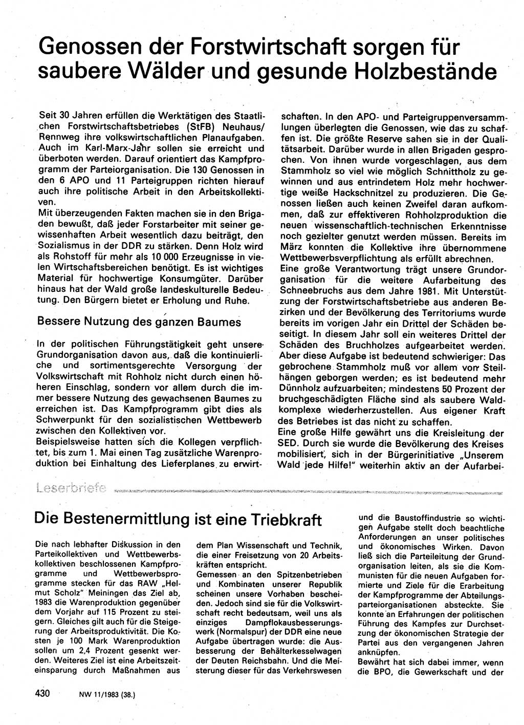 Neuer Weg (NW), Organ des Zentralkomitees (ZK) der SED (Sozialistische Einheitspartei Deutschlands) für Fragen des Parteilebens, 38. Jahrgang [Deutsche Demokratische Republik (DDR)] 1983, Seite 430 (NW ZK SED DDR 1983, S. 430)