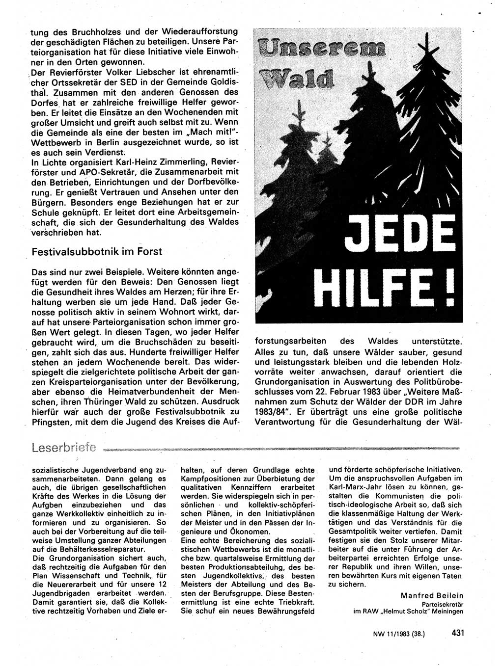 Neuer Weg (NW), Organ des Zentralkomitees (ZK) der SED (Sozialistische Einheitspartei Deutschlands) für Fragen des Parteilebens, 38. Jahrgang [Deutsche Demokratische Republik (DDR)] 1983, Seite 431 (NW ZK SED DDR 1983, S. 431)