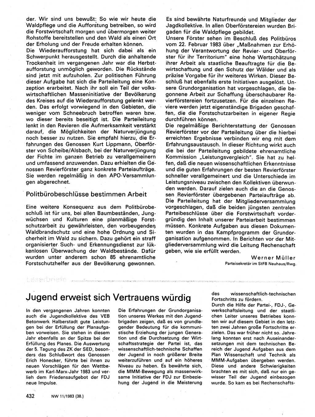 Neuer Weg (NW), Organ des Zentralkomitees (ZK) der SED (Sozialistische Einheitspartei Deutschlands) für Fragen des Parteilebens, 38. Jahrgang [Deutsche Demokratische Republik (DDR)] 1983, Seite 432 (NW ZK SED DDR 1983, S. 432)