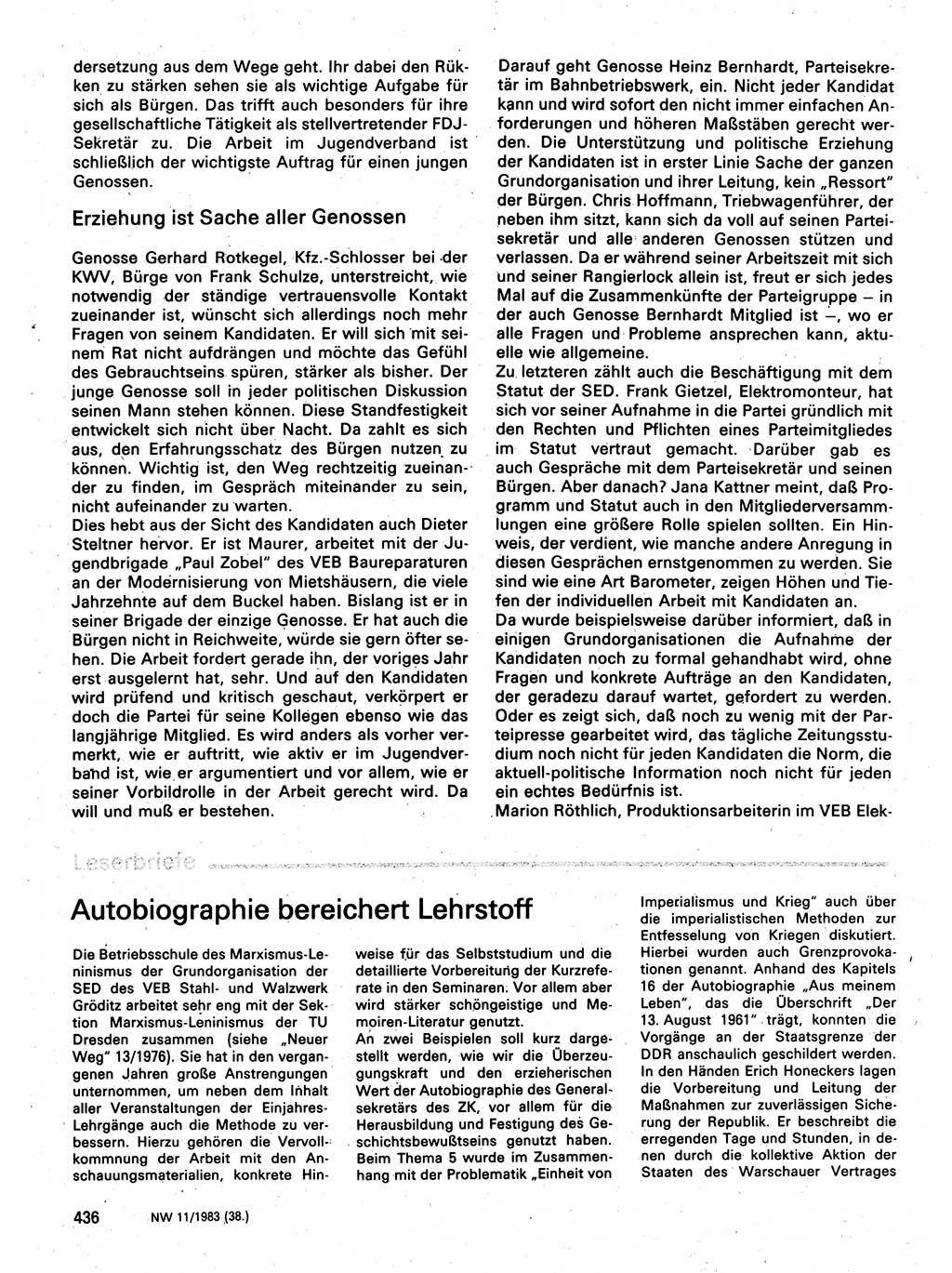 Neuer Weg (NW), Organ des Zentralkomitees (ZK) der SED (Sozialistische Einheitspartei Deutschlands) für Fragen des Parteilebens, 38. Jahrgang [Deutsche Demokratische Republik (DDR)] 1983, Seite 436 (NW ZK SED DDR 1983, S. 436)