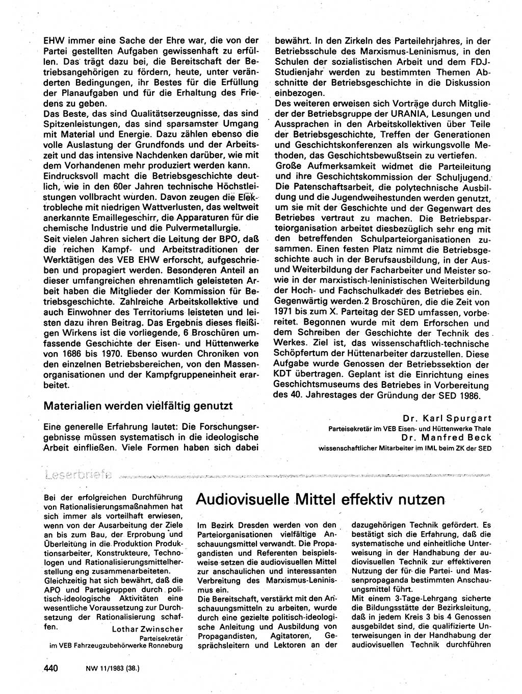 Neuer Weg (NW), Organ des Zentralkomitees (ZK) der SED (Sozialistische Einheitspartei Deutschlands) für Fragen des Parteilebens, 38. Jahrgang [Deutsche Demokratische Republik (DDR)] 1983, Seite 440 (NW ZK SED DDR 1983, S. 440)