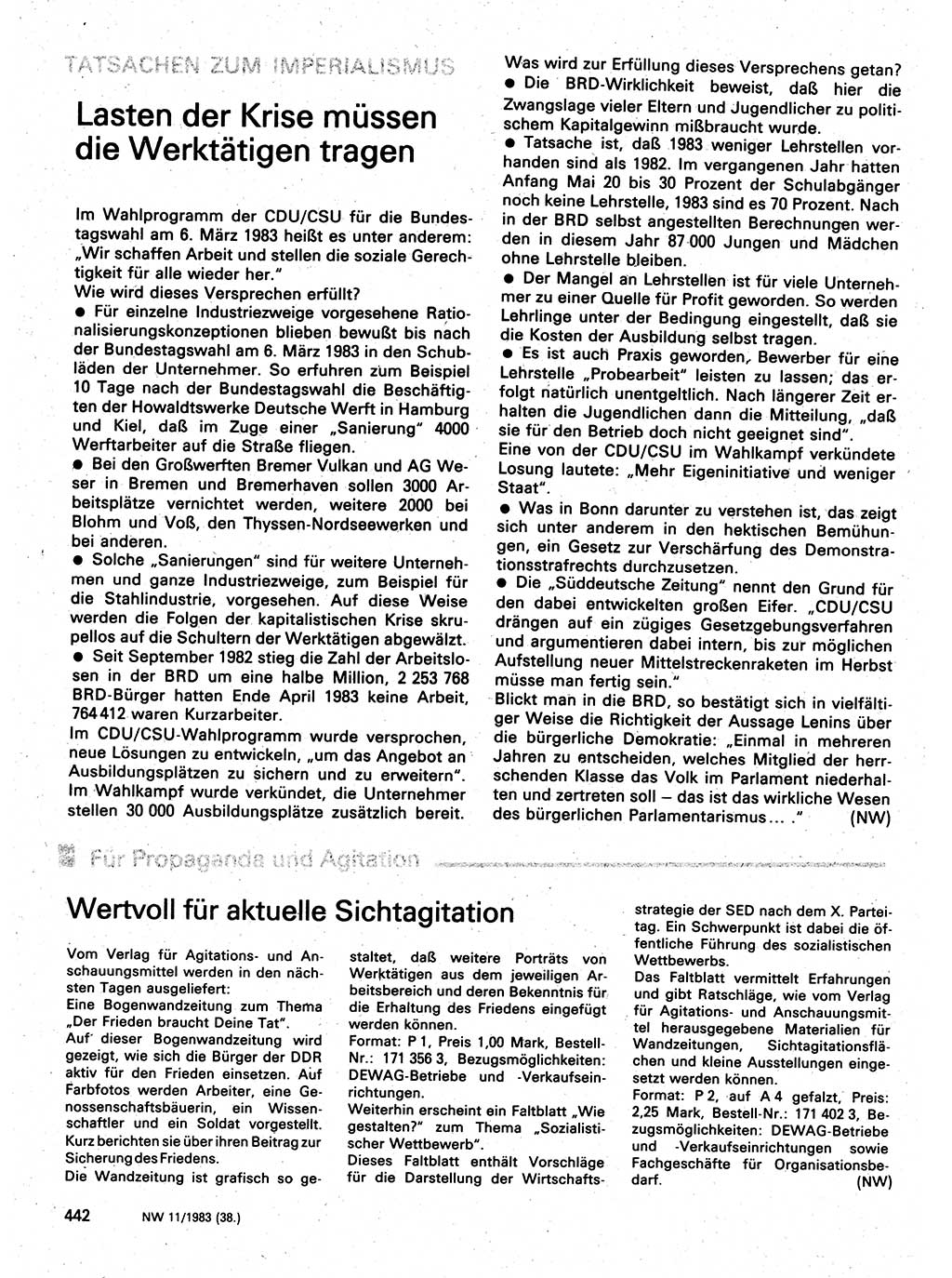 Neuer Weg (NW), Organ des Zentralkomitees (ZK) der SED (Sozialistische Einheitspartei Deutschlands) für Fragen des Parteilebens, 38. Jahrgang [Deutsche Demokratische Republik (DDR)] 1983, Seite 442 (NW ZK SED DDR 1983, S. 442)